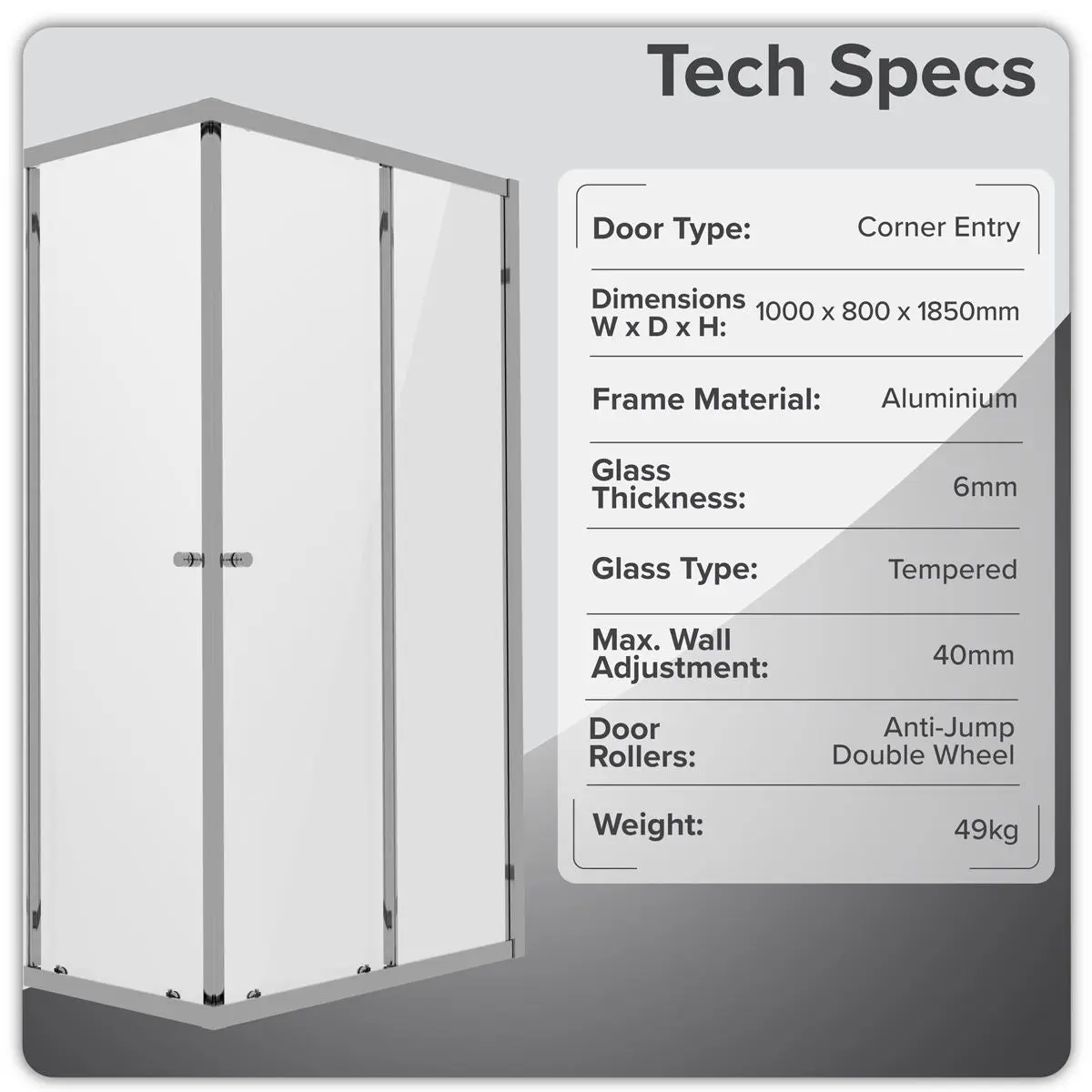 Baridi Corner Shower Entry Enclosure 1000 x 800 x 1850mm with 6mm Tempered Glass - Chrome - Image 4