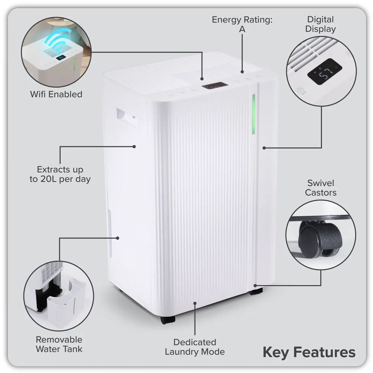 Baridi Dehumidifier with Digital Display & 24hr Timer 20L - White - Image 16