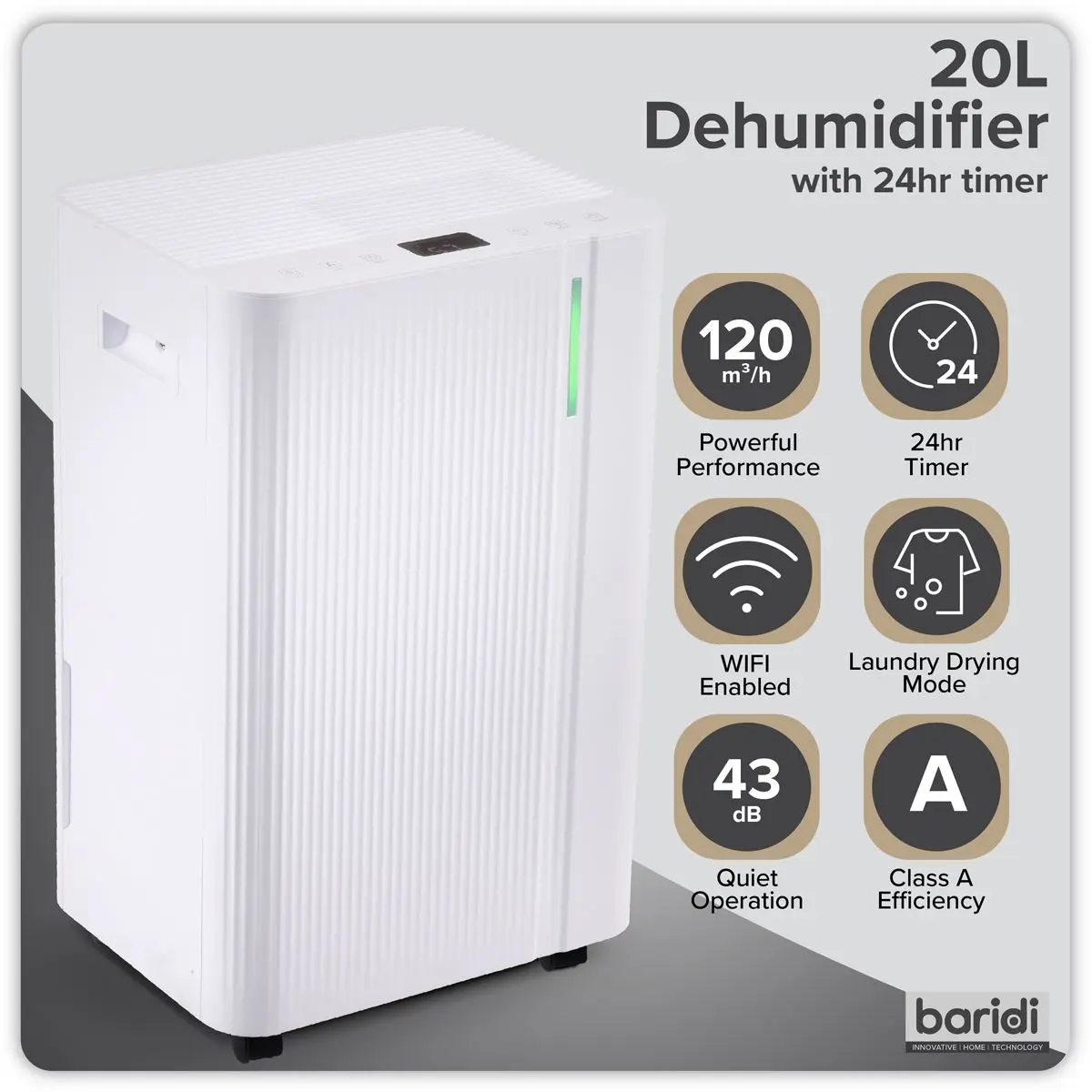 Baridi Dehumidifier with Digital Display & 24hr Timer 20L - White - Image 18