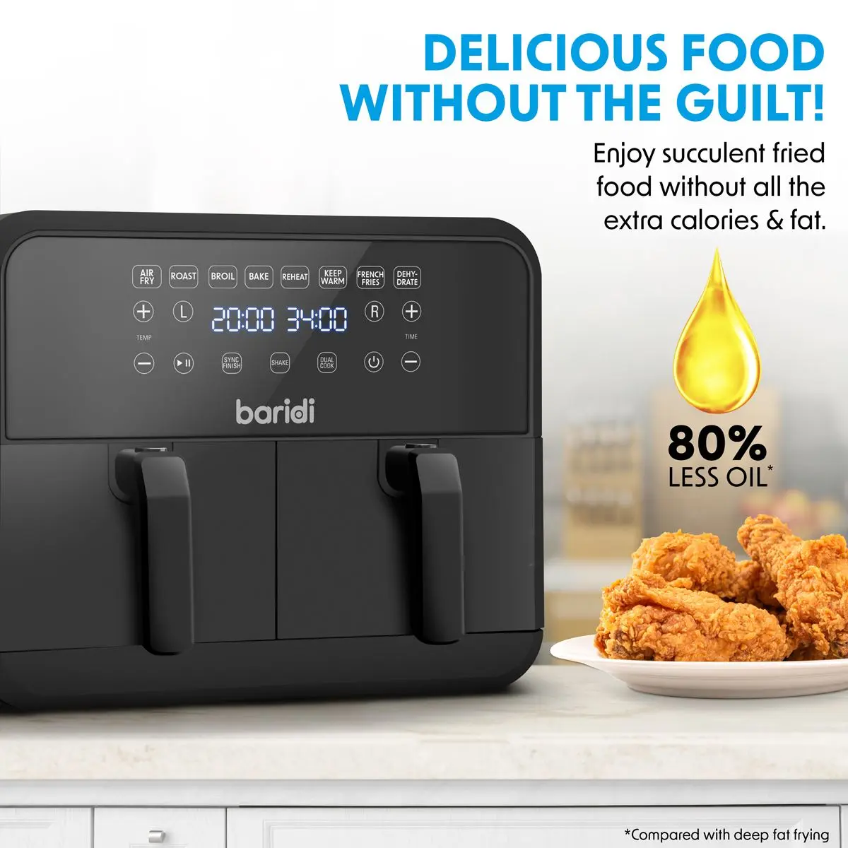 Baridi Dual Zone Air Fryer 8L with 8-in-1 Functions Touch Controls, Easy-Clean, Black - DH172 - Image 4