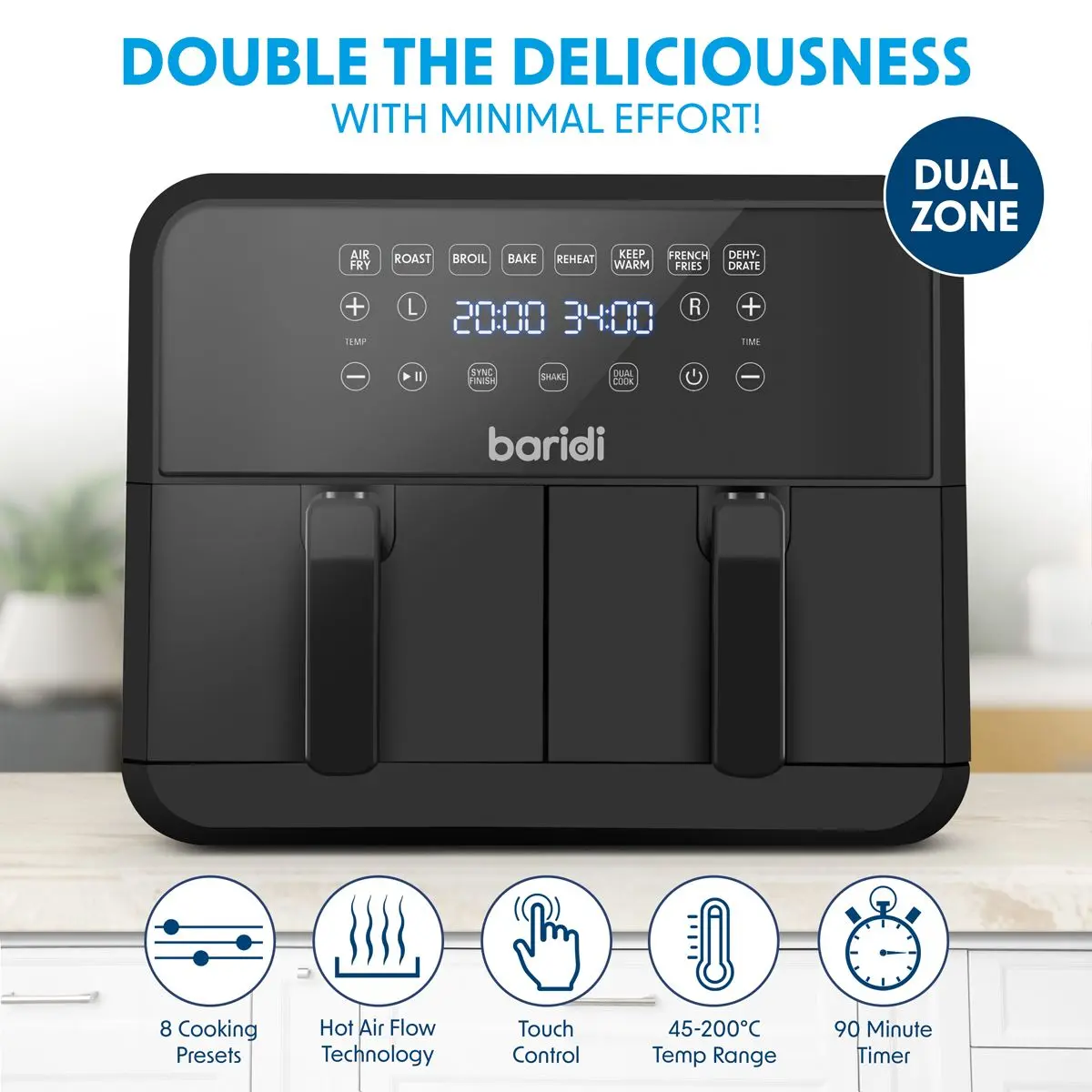 Baridi Dual Zone Air Fryer 8L with 8-in-1 Functions Touch Controls, Easy-Clean, Black - DH172 - Image 5