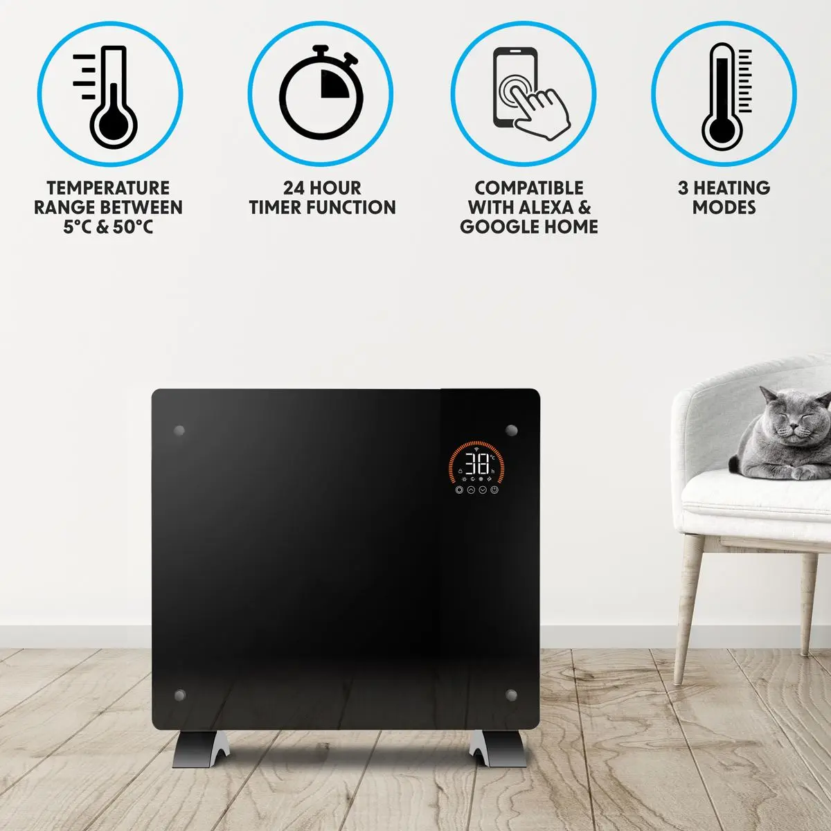 Baridi, Electric Glass Panel Heater, 1000W, Wi-Fi Enabled, Black - DH135 - Image 7