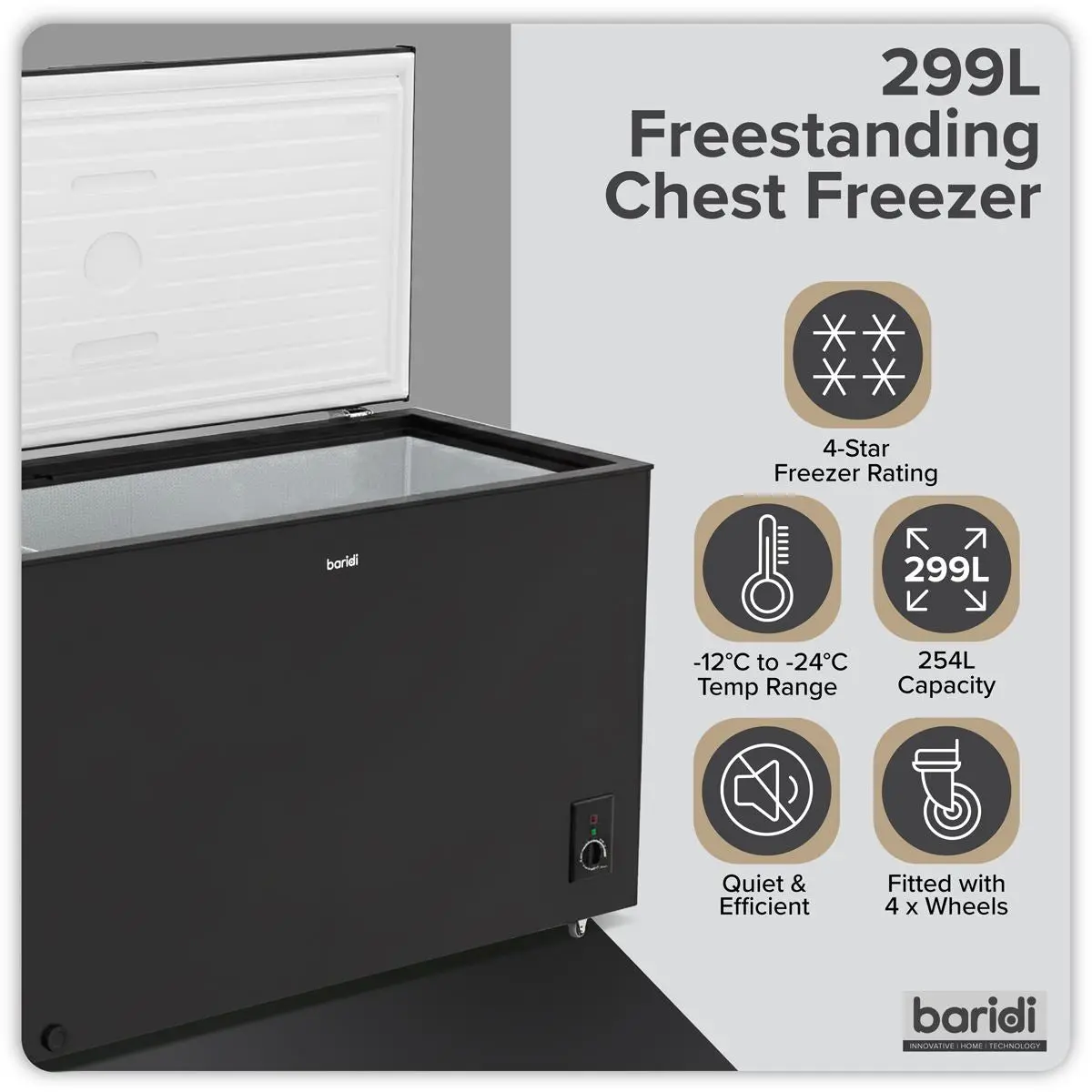 Baridi Freestanding Chest Freezer 299L Capacity - Black - Image 6