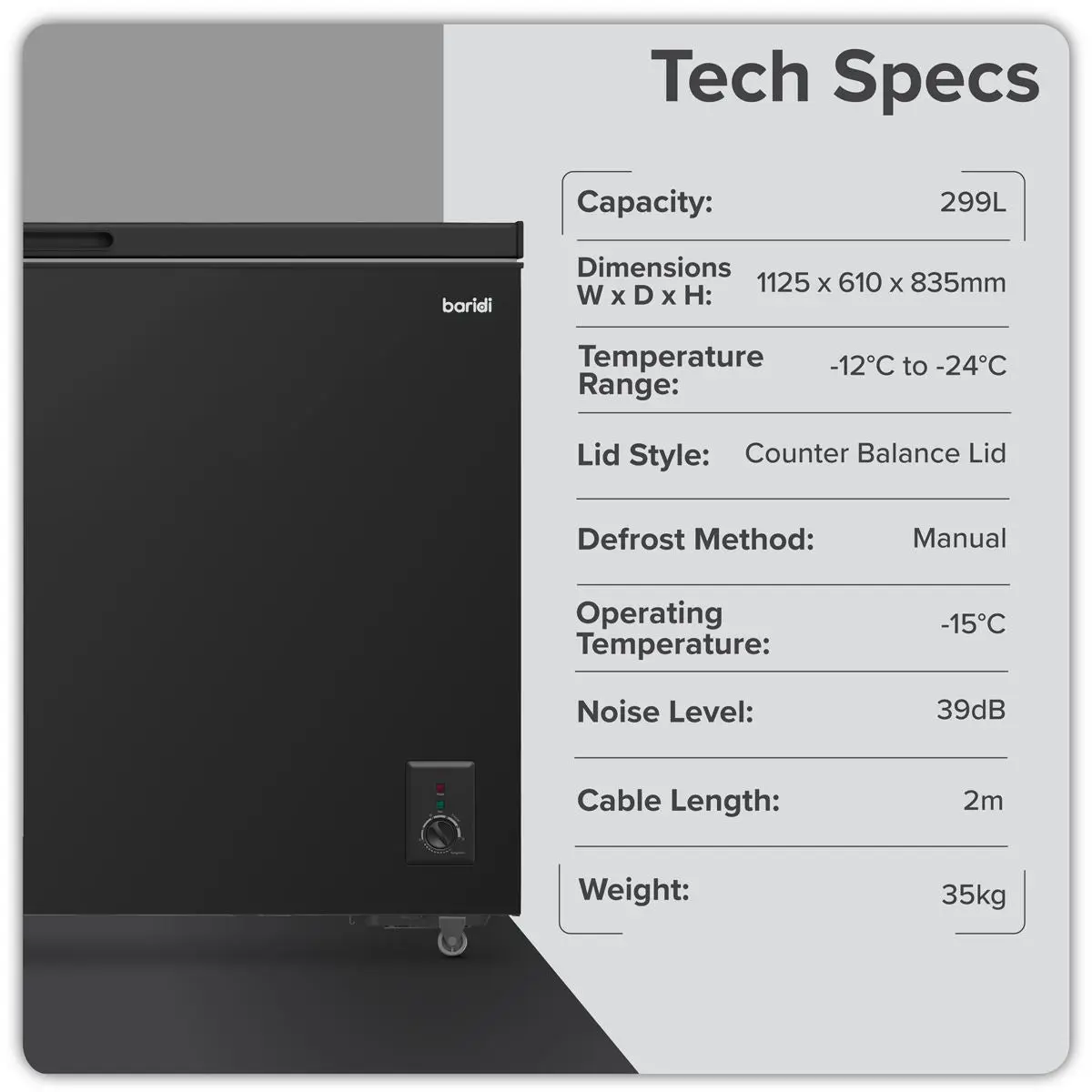Baridi Freestanding Chest Freezer 299L Capacity - Black - Image 7