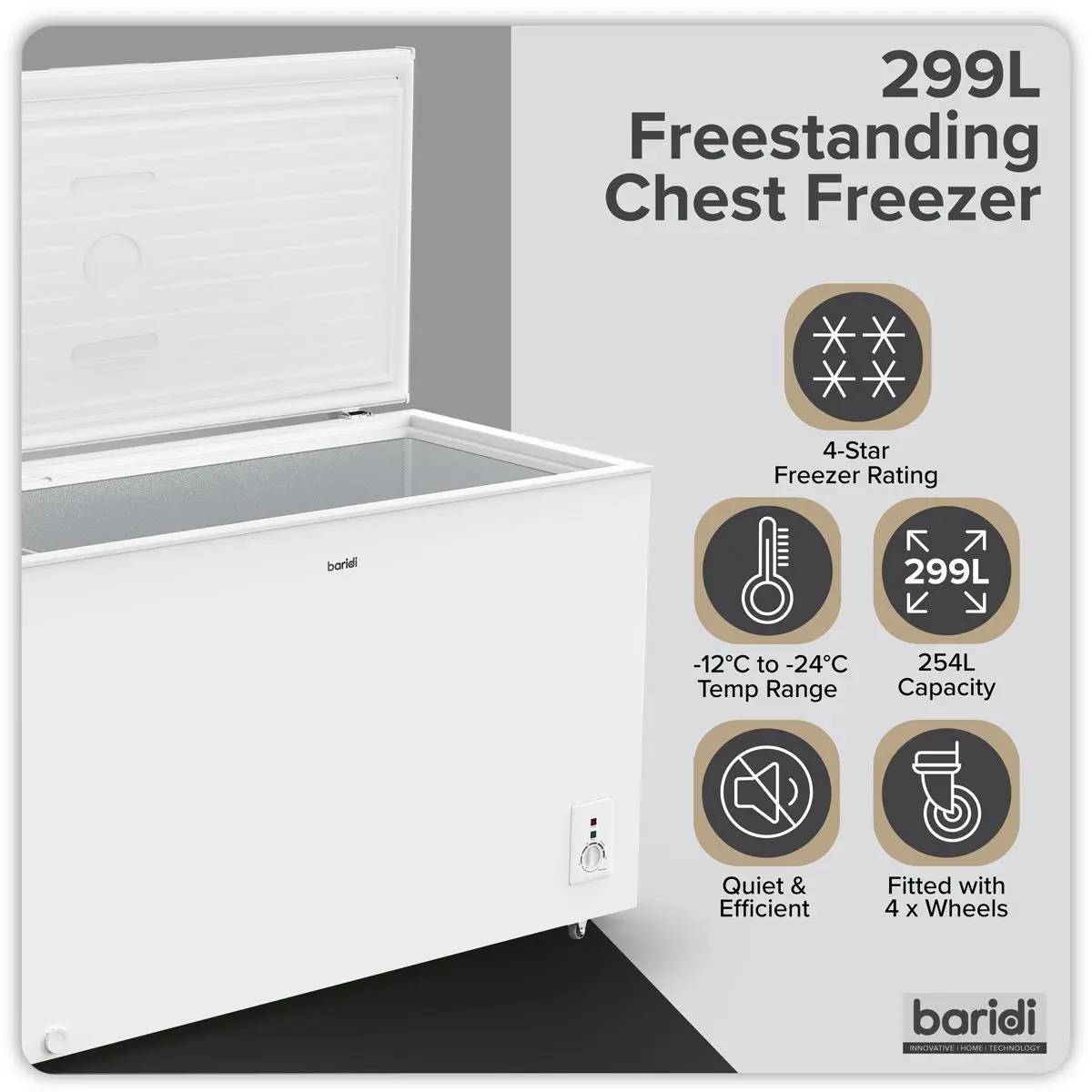 Baridi Freestanding Chest Freezer 299L Capacity - White - Image 8