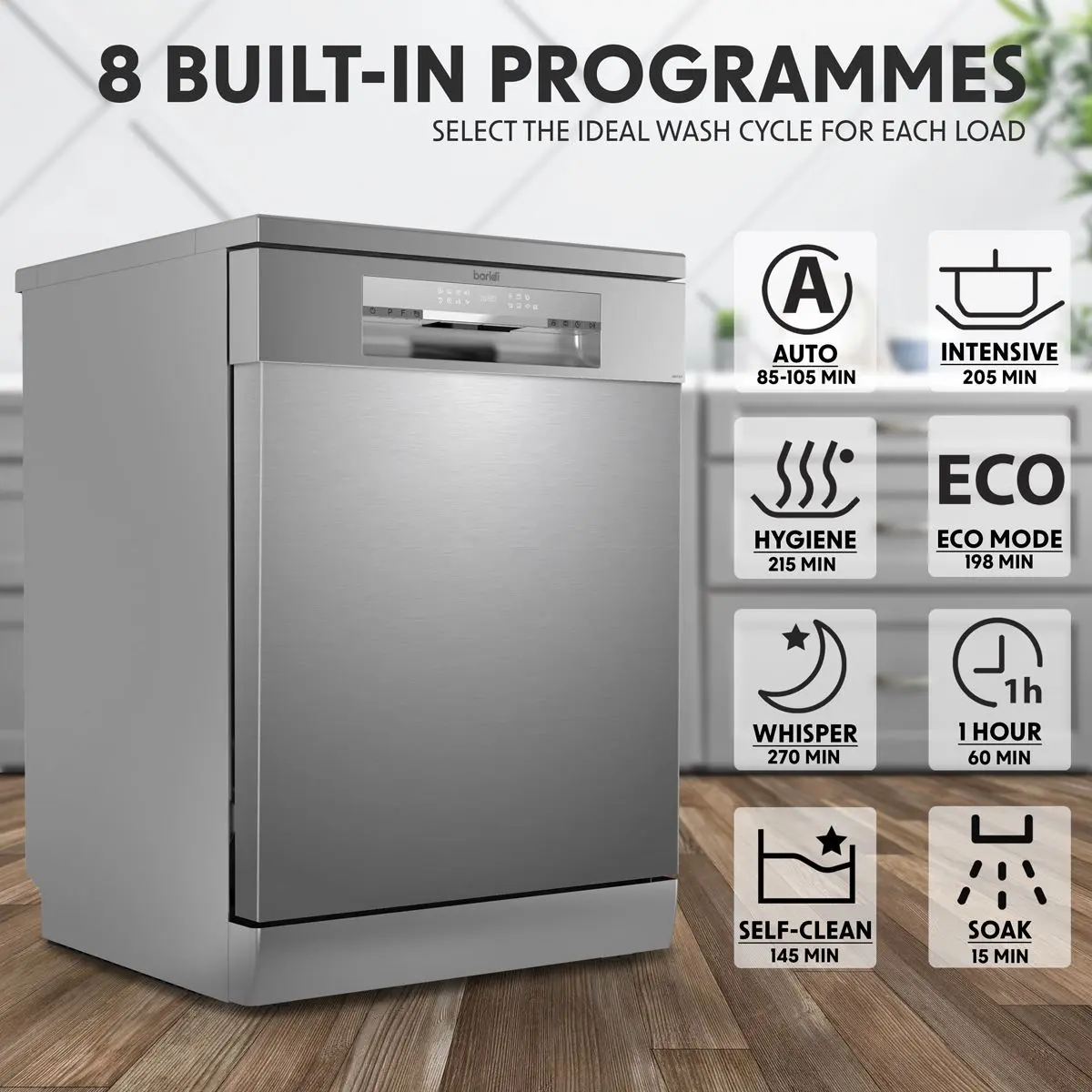 Baridi Freestanding Dishwasher, Full Size, Standard 60cm Wide with 14 Place Settings, 8 Programs & 5 Functions, LED Display, Silver - Image 8