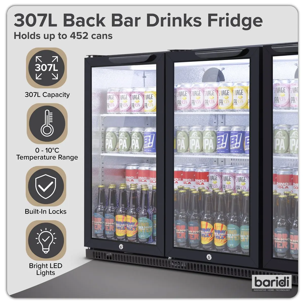 Baridi Hinged Triple Door, Back Bar Drinks Fridge/Cooler, 307L Capacity - Image 3