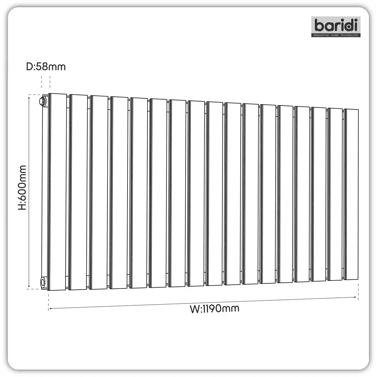 Baridi Horizontal Radiator Contemporary Double Flat Panel Design 600 x 1190mm – Black - Image 3