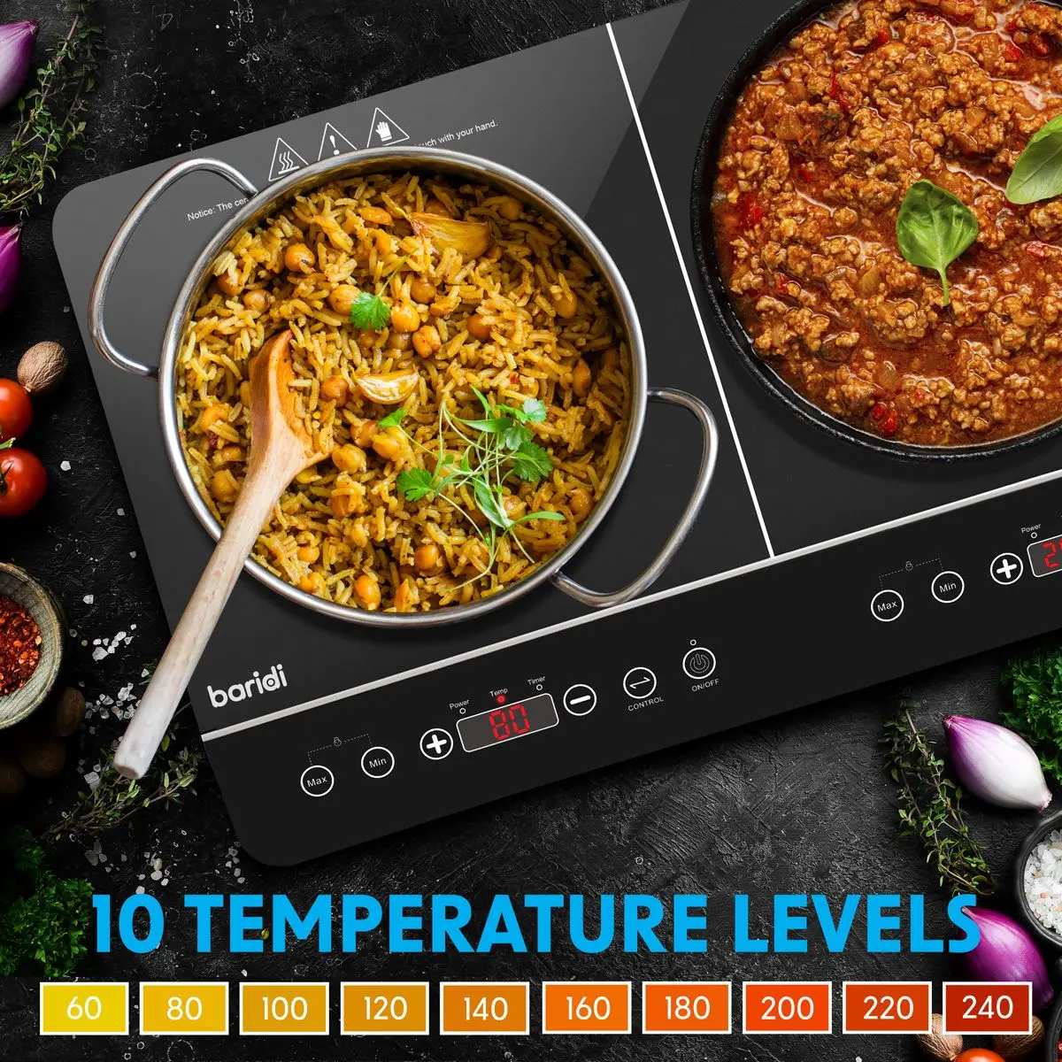 Baridi Portable Induction Hob: Two Zone Cooktop with 13A Plug, 2800W, 10 Power Settings, Touch Controls, 3-Hour Timer Function, Child Safety Lock, Black - Image 6
