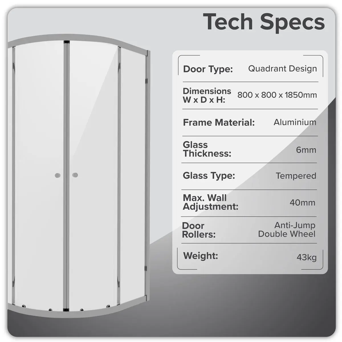 Baridi Quadrant Shower Entry Enclosure 800 x 800 x 1850mm with 6mm Tempered Glass - Chrome - Image 4