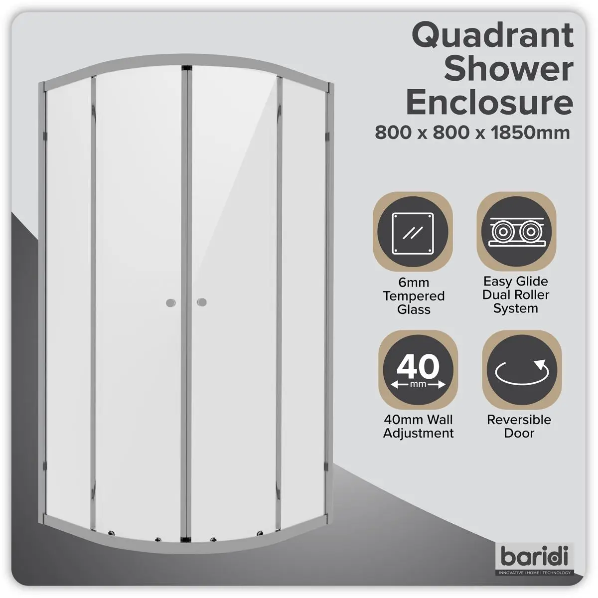 Baridi Quadrant Shower Entry Enclosure 800 x 800 x 1850mm with 6mm Tempered Glass - Chrome - Image 5