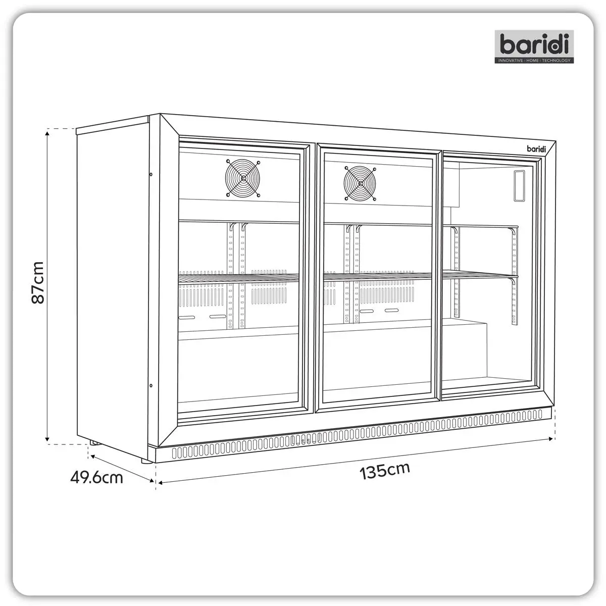 Baridi Sliding Triple Door, Back Bar Drinks Fridge/Cooler, 307L Capacity - Image 12