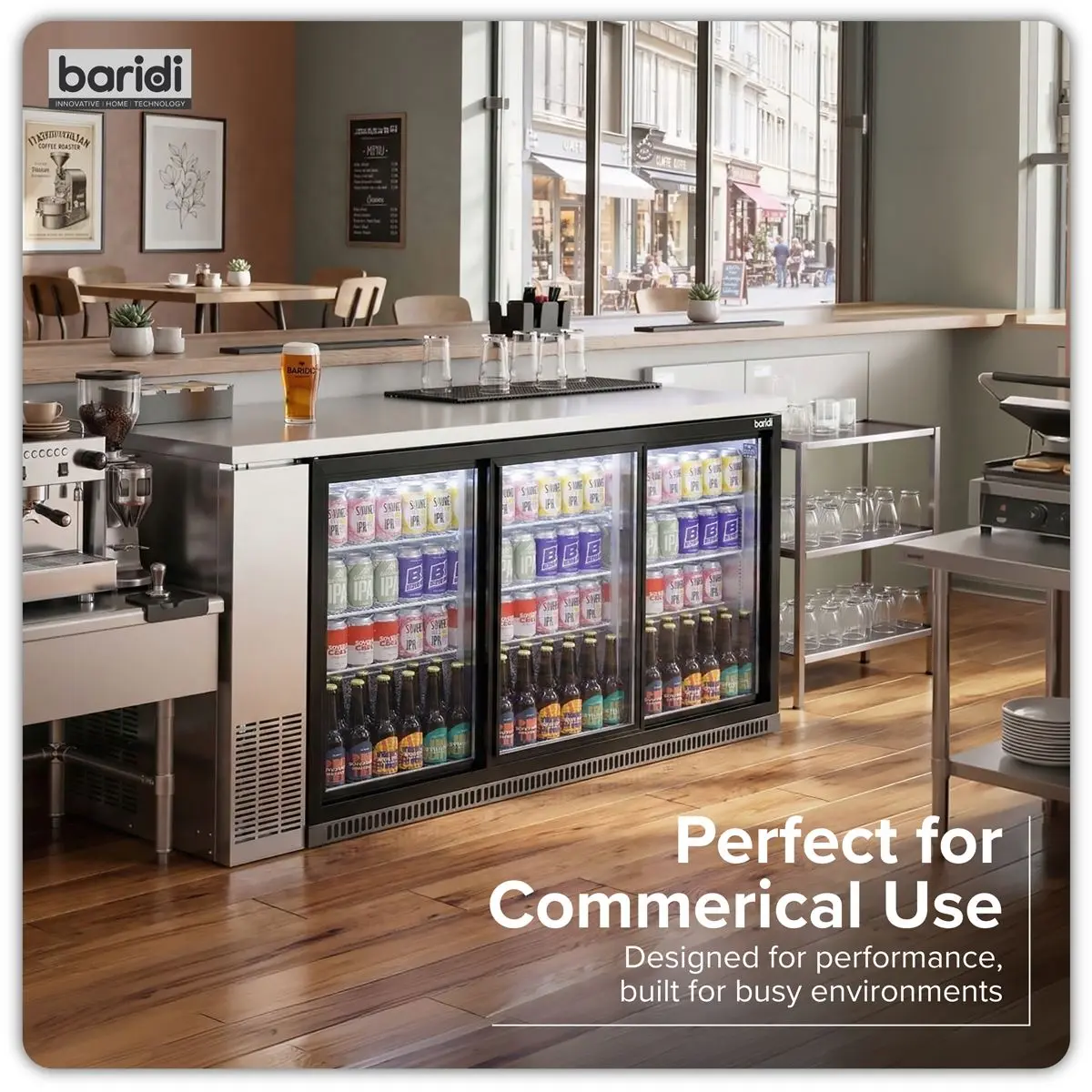 Baridi Sliding Triple Door, Back Bar Drinks Fridge/Cooler, 307L Capacity - Image 13