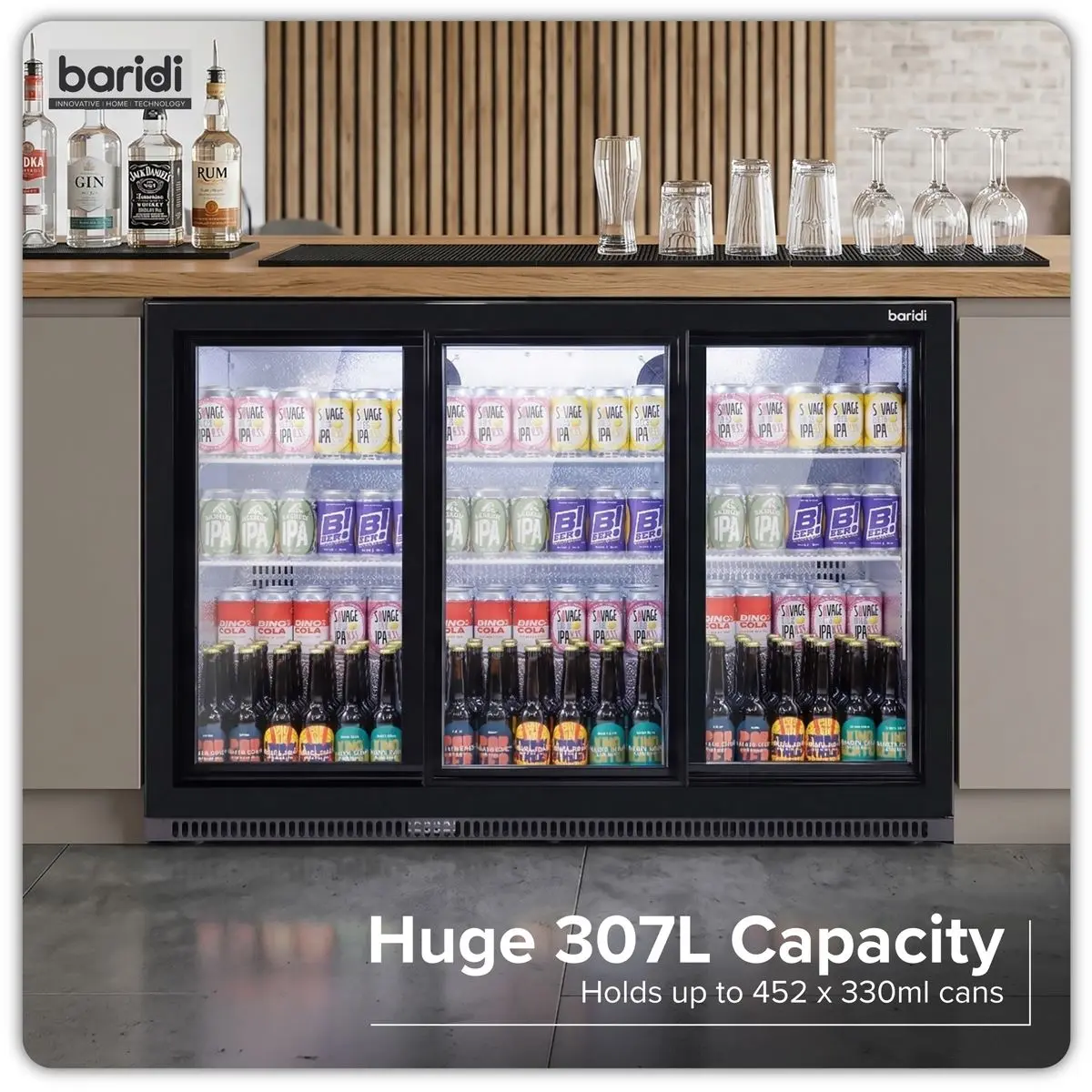 Baridi Sliding Triple Door, Back Bar Drinks Fridge/Cooler, 307L Capacity - Image 14