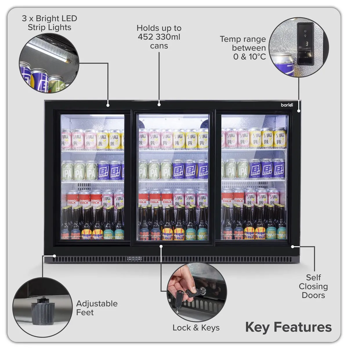 Baridi Sliding Triple Door, Back Bar Drinks Fridge/Cooler, 307L Capacity - Image 16