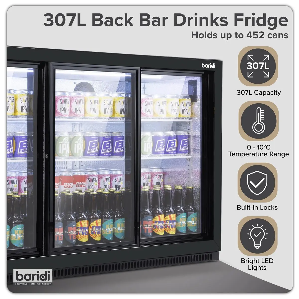 Baridi Sliding Triple Door, Back Bar Drinks Fridge/Cooler, 307L Capacity - Image 17