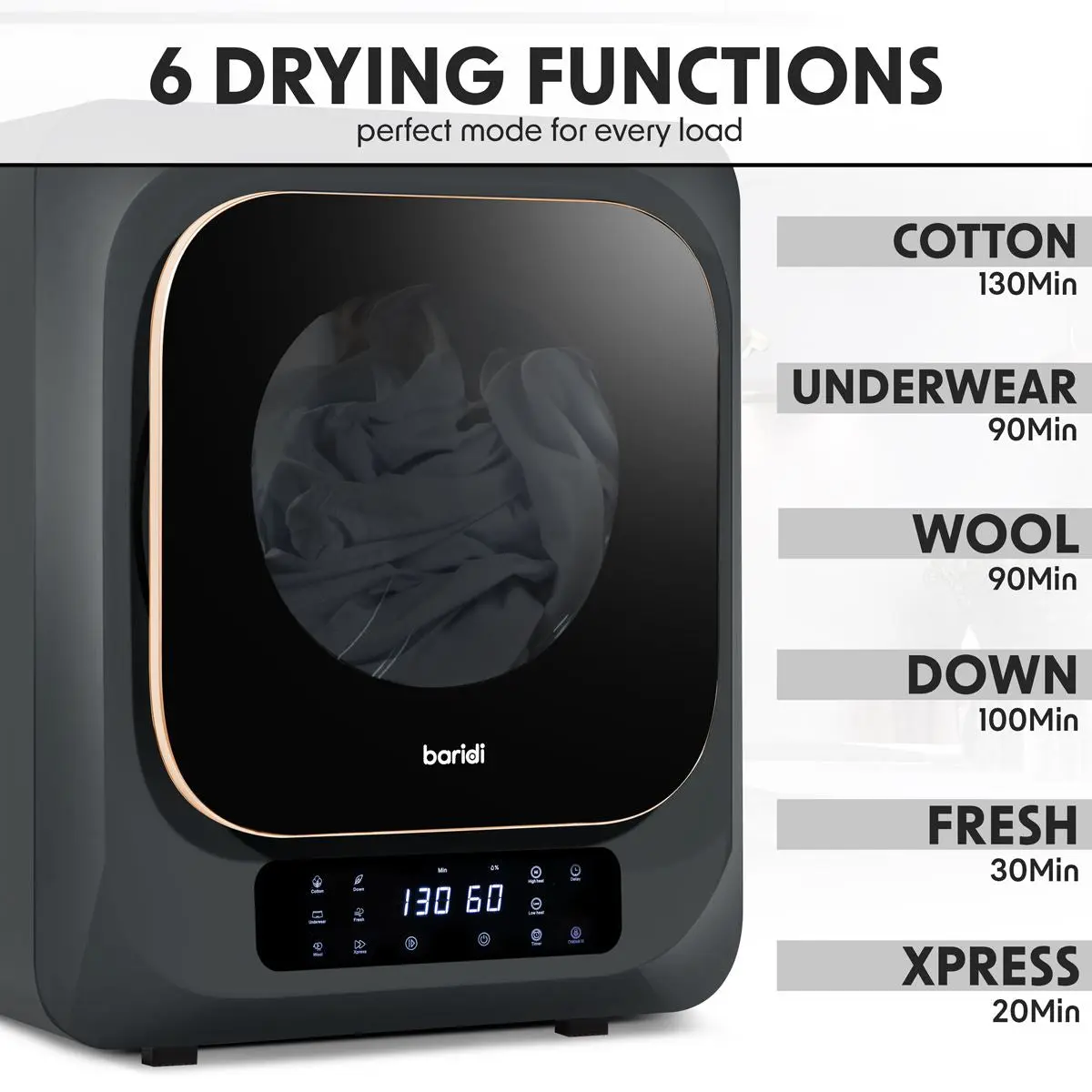 Baridi Small Tumble Dryer, Portable, 2.5kg, Vented, Perfect for Counter Top or Wall Mounted Use with Digital Controls, Compact, Black Mini Spin Dryer - DH229 - Image 11