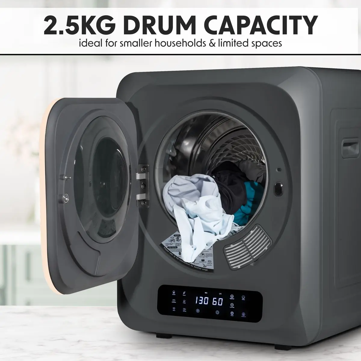 Baridi Small Tumble Dryer, Portable, 2.5kg, Vented, Perfect for Counter Top or Wall Mounted Use with Digital Controls, Compact, Black Mini Spin Dryer - DH229 - Image 5
