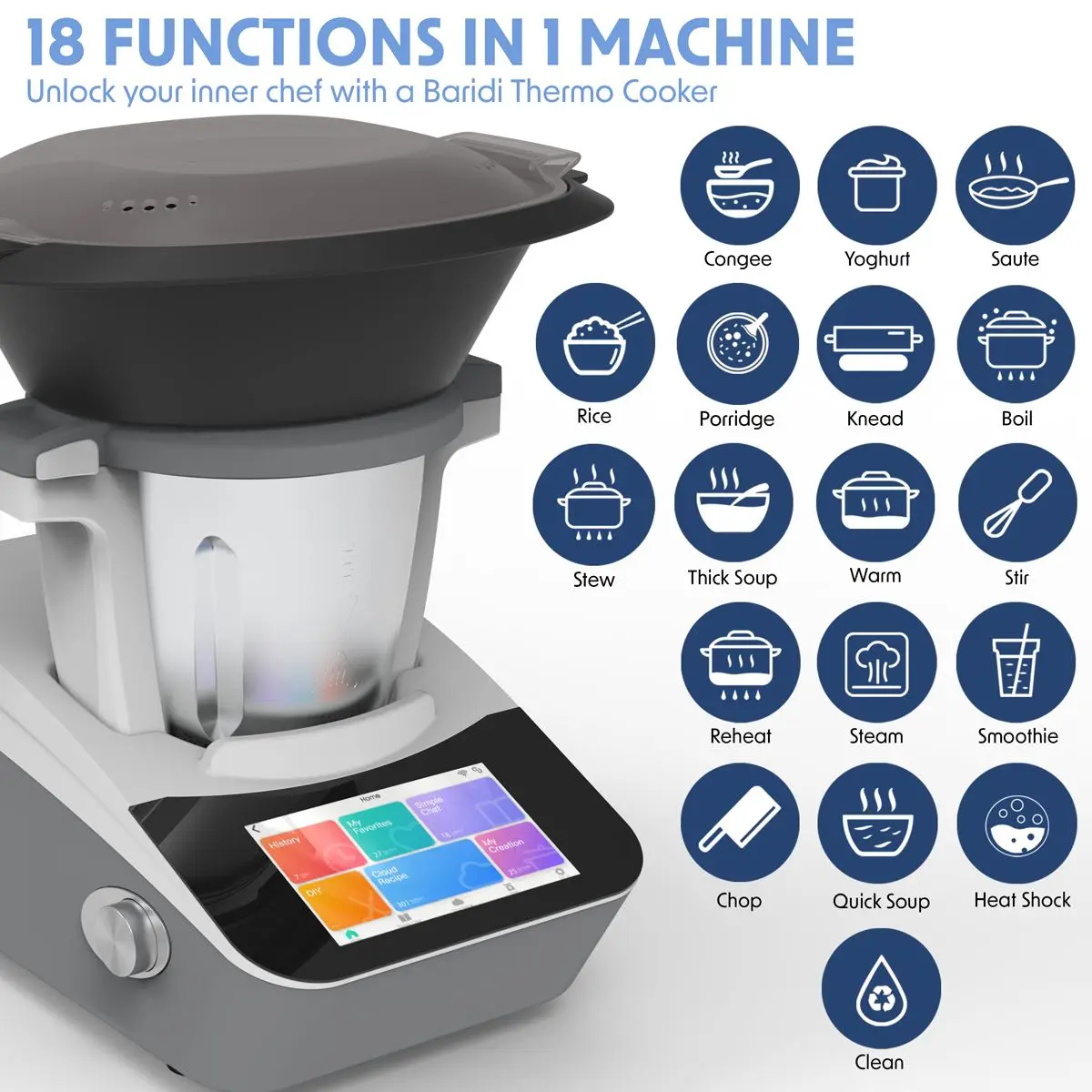 Baridi Smart Kitchen Robot Thermo-Cooker, 18 Preset Functions, 7” TFT Touchscreen - Image 9