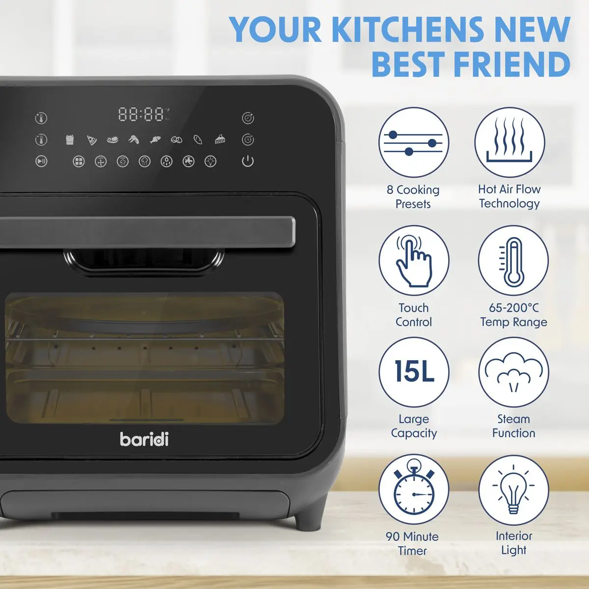 Baridi Steam Air Fryer Oven, Self-Cleaning, 8 Preset Programs, 1635W, 15L, Black - Image 7