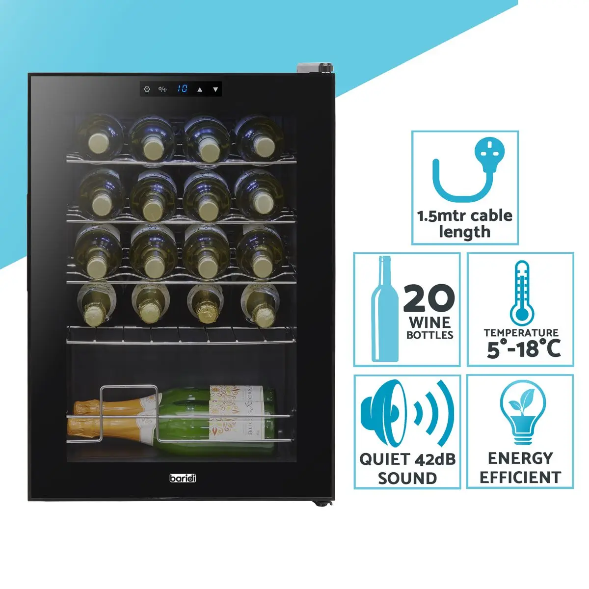 Baridi Wine Cooler/Fridge, Digital Touchscreen Controls, LED Light, 20 Bottle - Black - Image 10