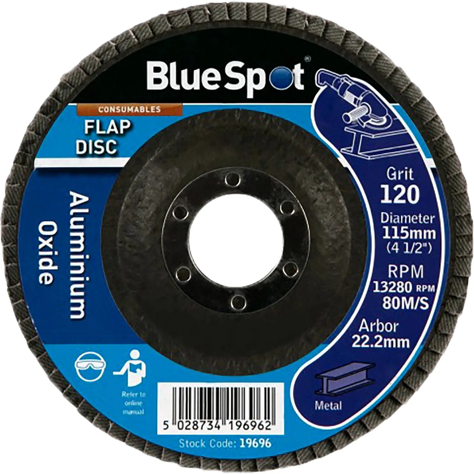 BlueSpot 115mm Aluminium Oxide Flap Sanding Discs 40-120 Grit - Image 7
