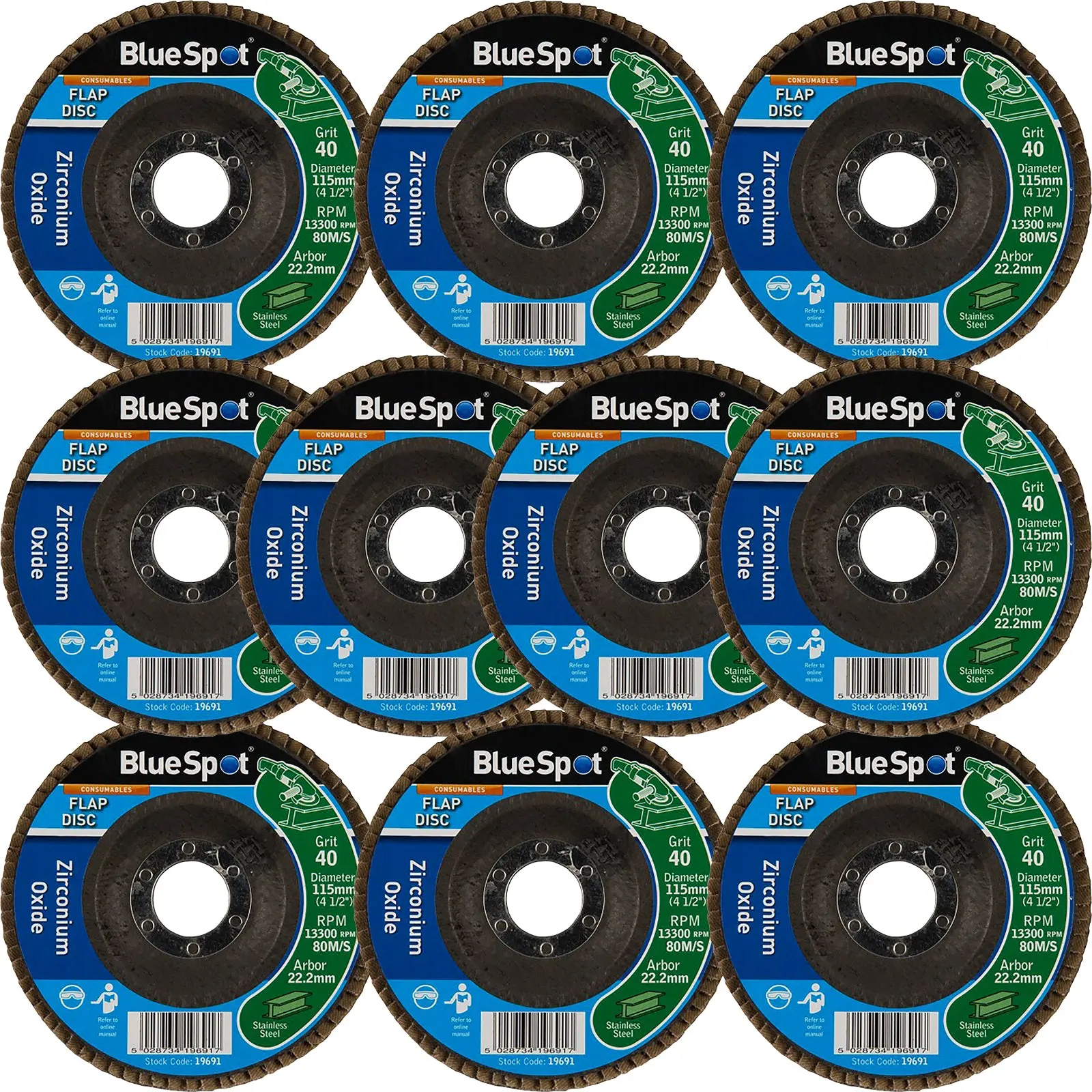 BlueSpot 115mm Zirconium Oxide Flap Sanding Discs 40-120 Grit - Image 3