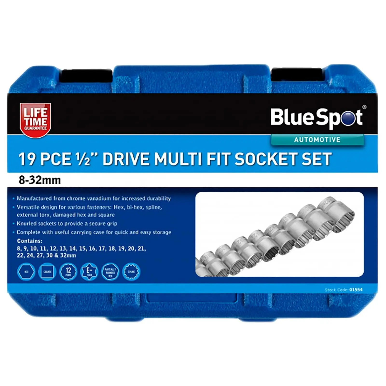 BlueSpot Multi Fit Socket Set 1/2" Drive 19 Piece 8-32mm in Storage Case - Image 2