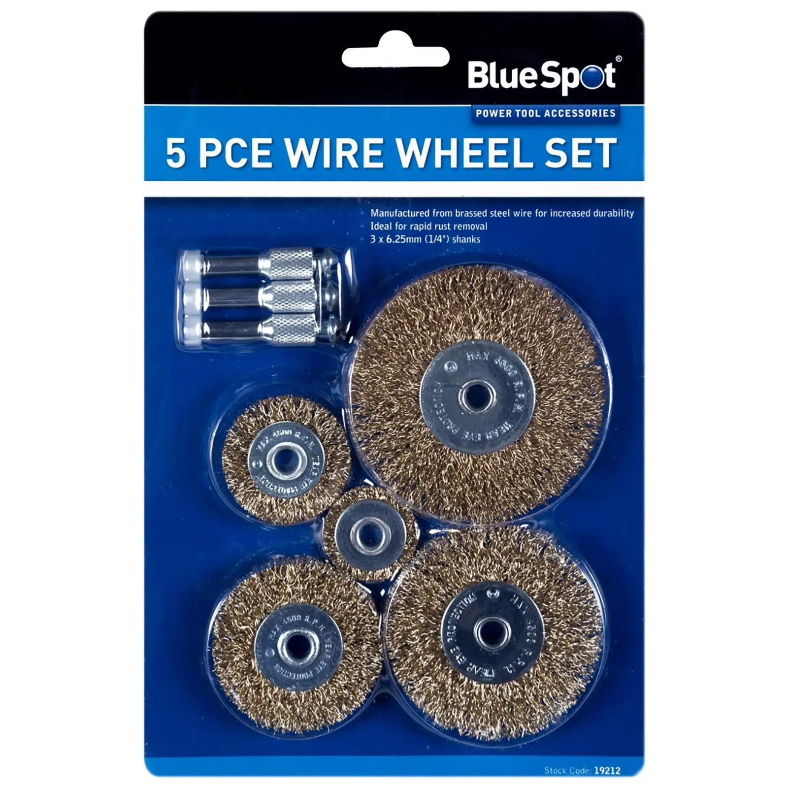BlueSpot Brass Wire Wheel Set 5 Piece 1/4" Shank Madrels - Image 2