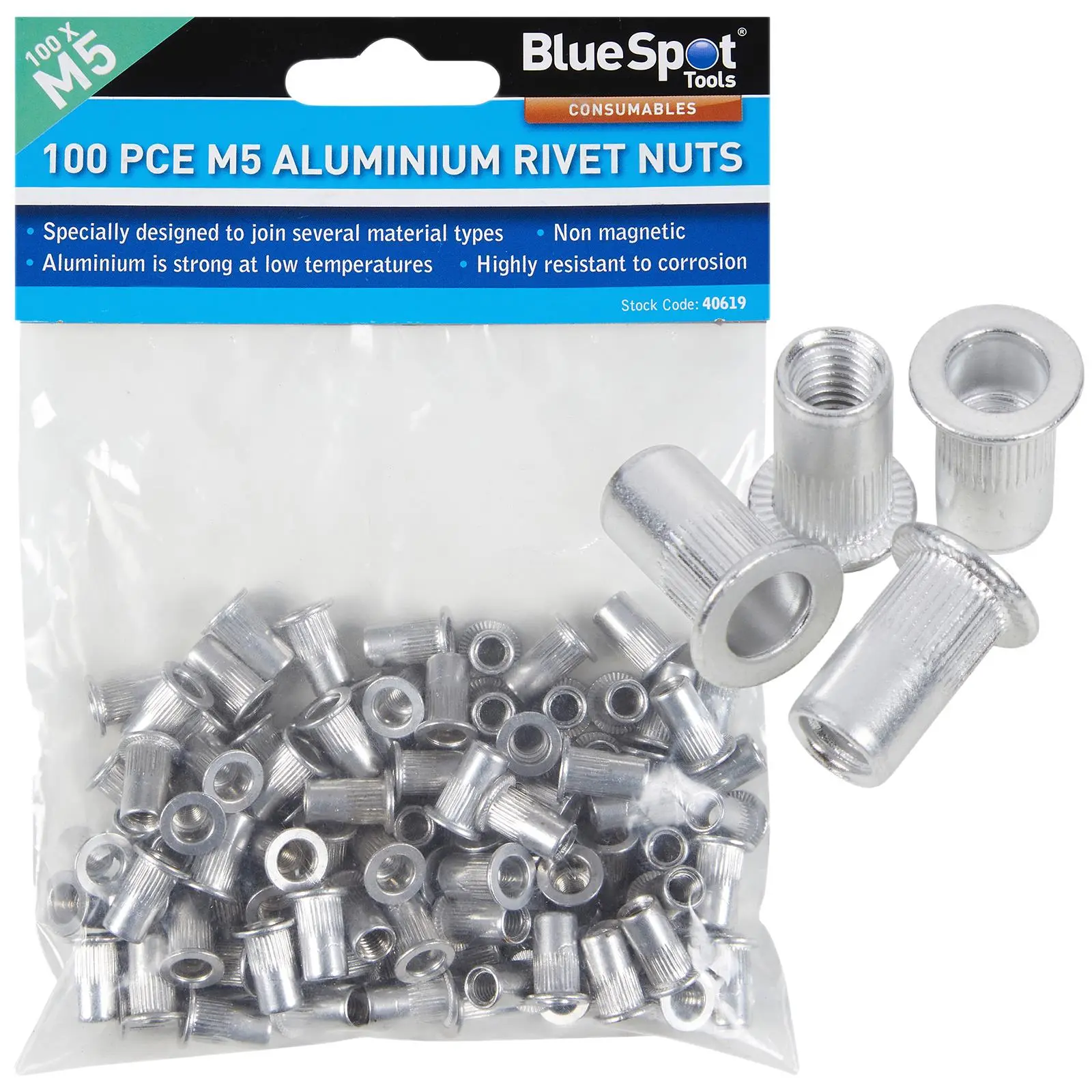 BlueSpot Aluminium Rivet Nuts M5 100 Piece Rivnuts