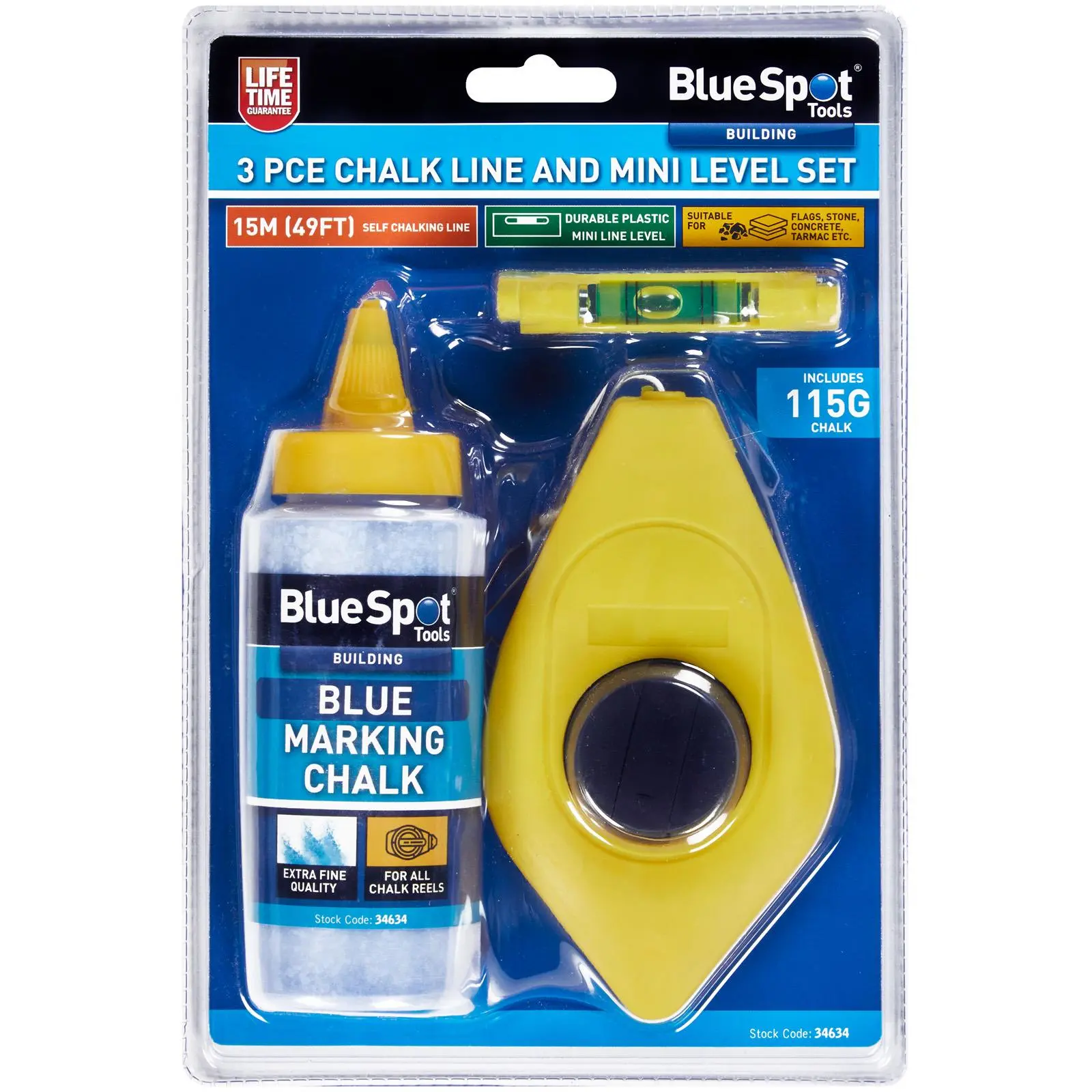 BlueSpot Chalk Line Set 15m Line Chalk and Level 3 Piece