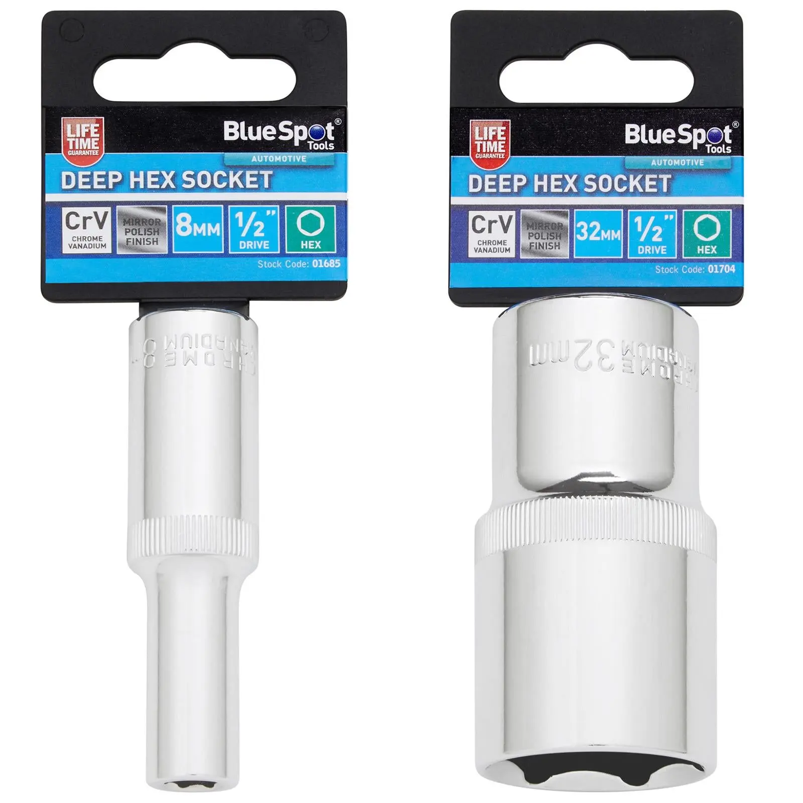 BlueSpot Deep Socket 1/2" Drive 6 Point Hex Chrome Individual 8-32mm - Choose Size