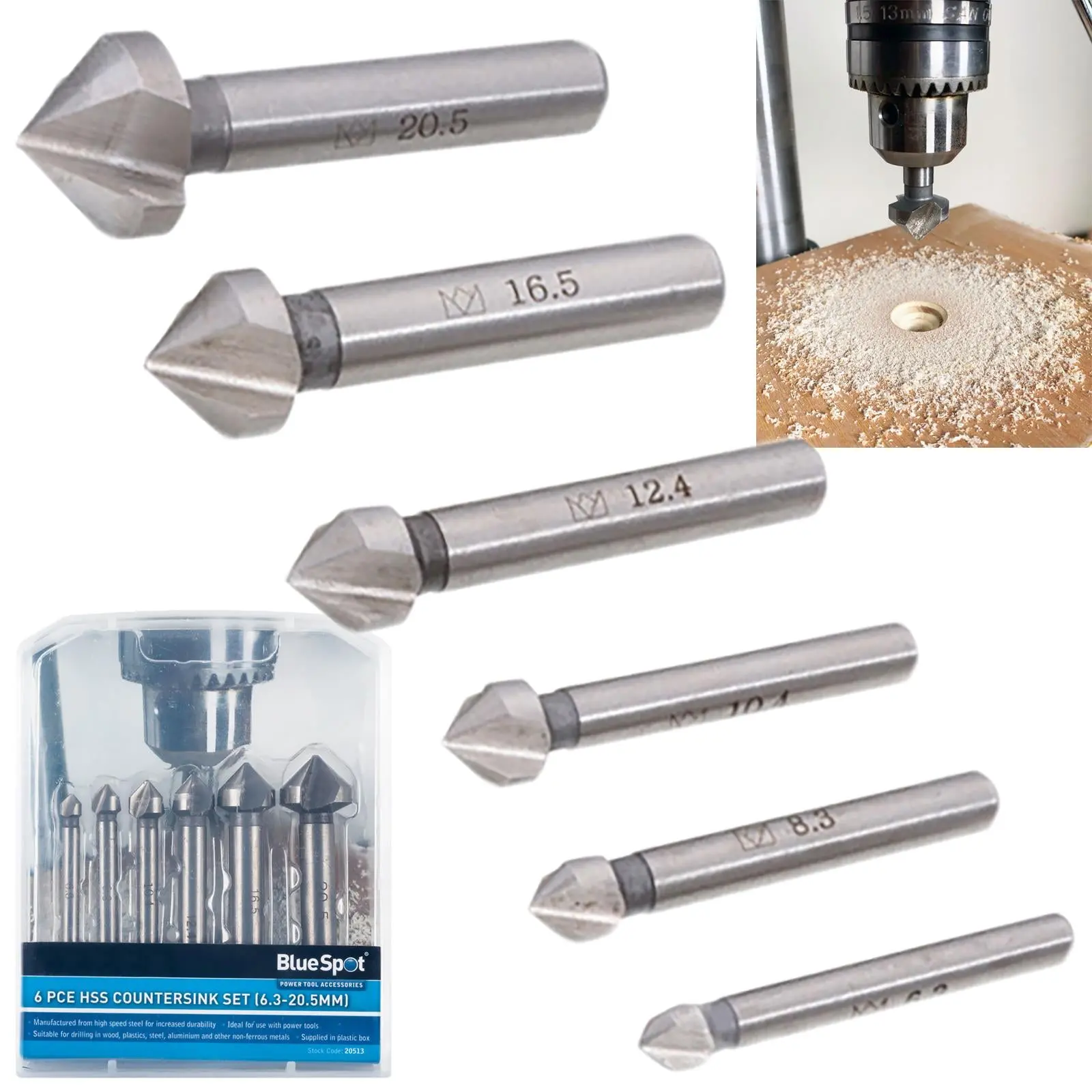 BlueSpot HSS Countersink Set 6 Piece 6.3mm-20.5mm for Wood Metal Plastics