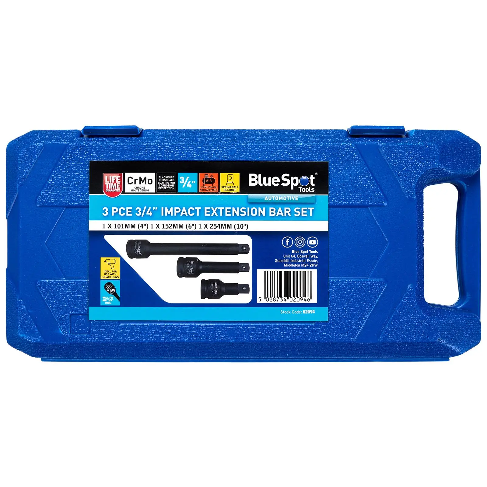 BlueSpot Impact Extension Bar Set 3/4" Drive 101mm 4" 152mm 6" 254mm 10" 3 Piece - Image 2