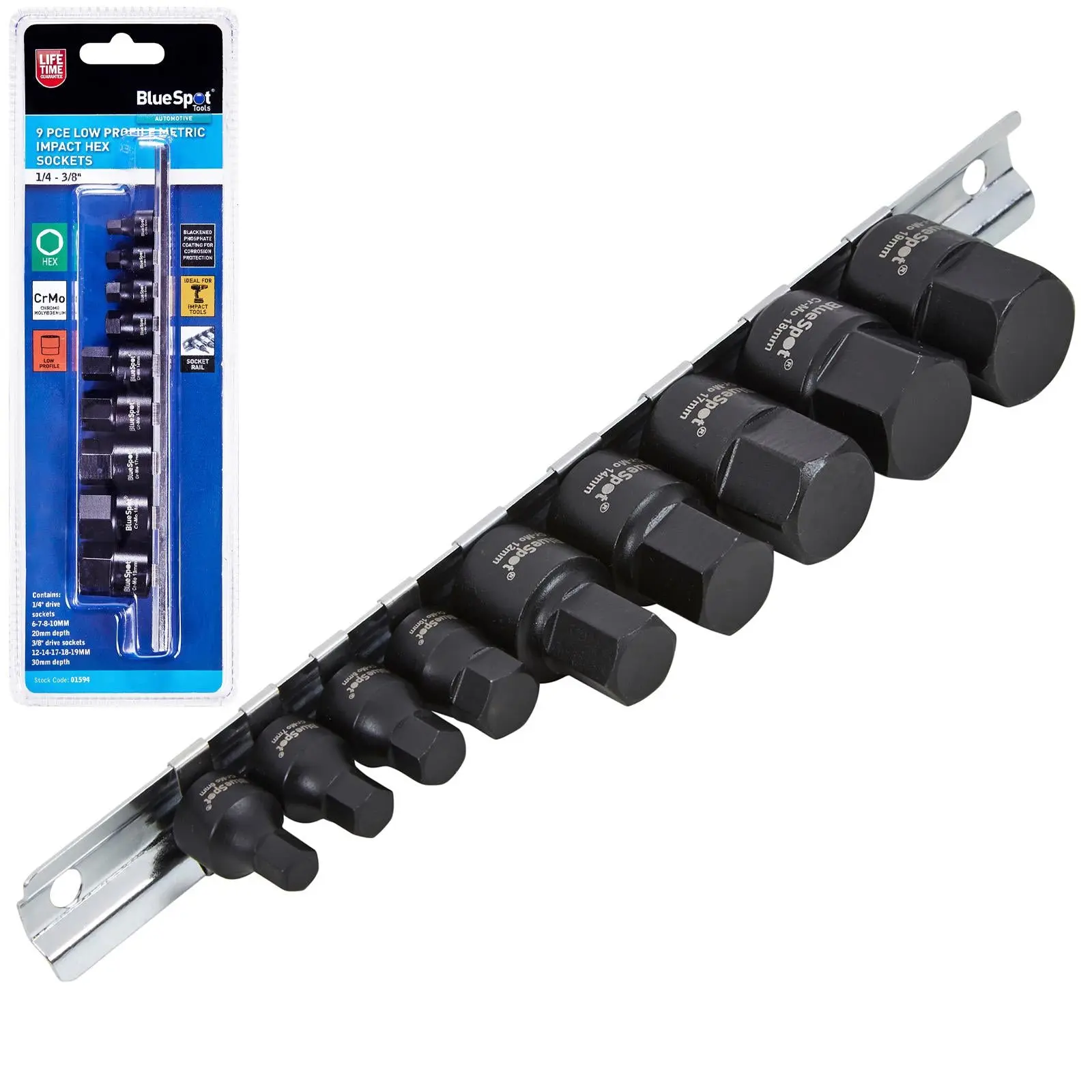BlueSpot Impact Hex Socket Set Metric Low Profile on Socket Rail 9 Pieces 1/4" 3/8" Drive