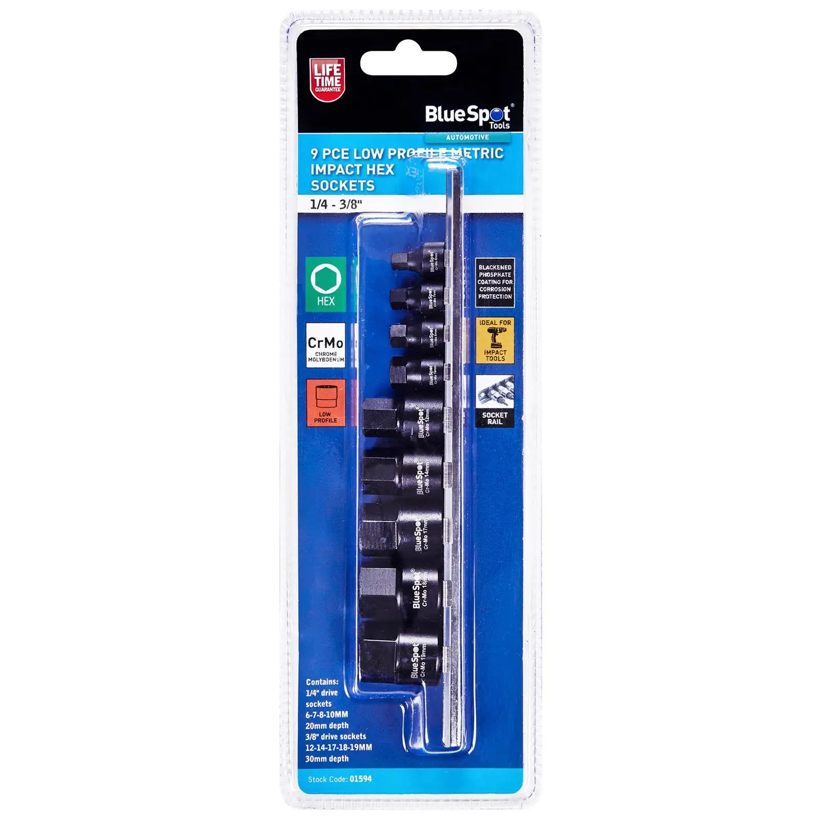 BlueSpot Impact Hex Socket Set Metric Low Profile on Socket Rail 9 Pieces 1/4" 3/8" Drive - Image 2