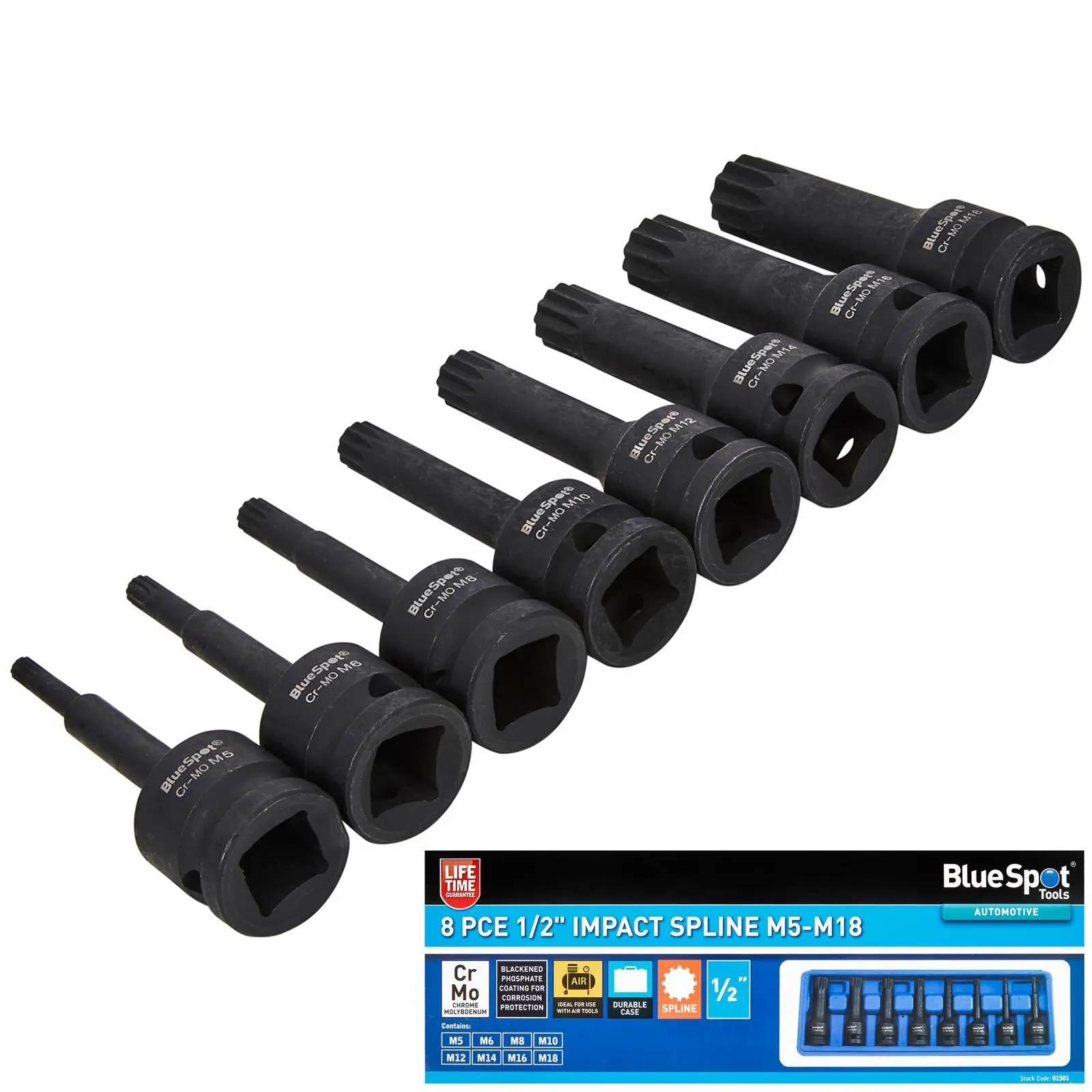BlueSpot Impact Spline Socket Set 1/2" Drive M5-M18 8 Piece