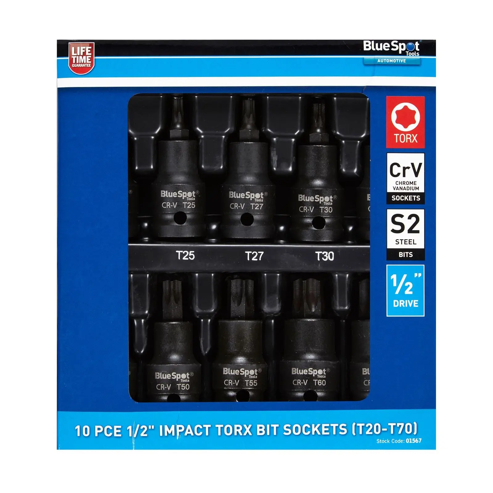 BlueSpot Impact Torx Bit Sockets 1/2" 10 Piece T20-T70