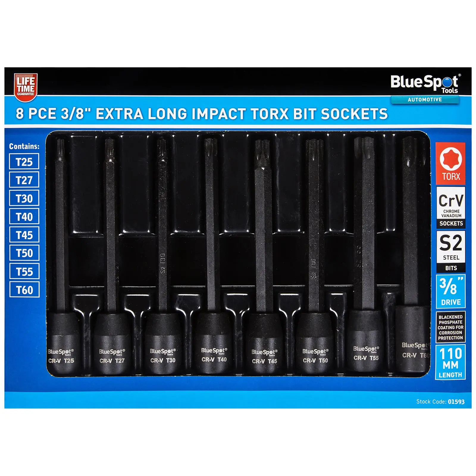 BlueSpot Impact Torx Socket Set Extra Long 110mm 3/8" Drive T25-T60 8 Piece - Image 2