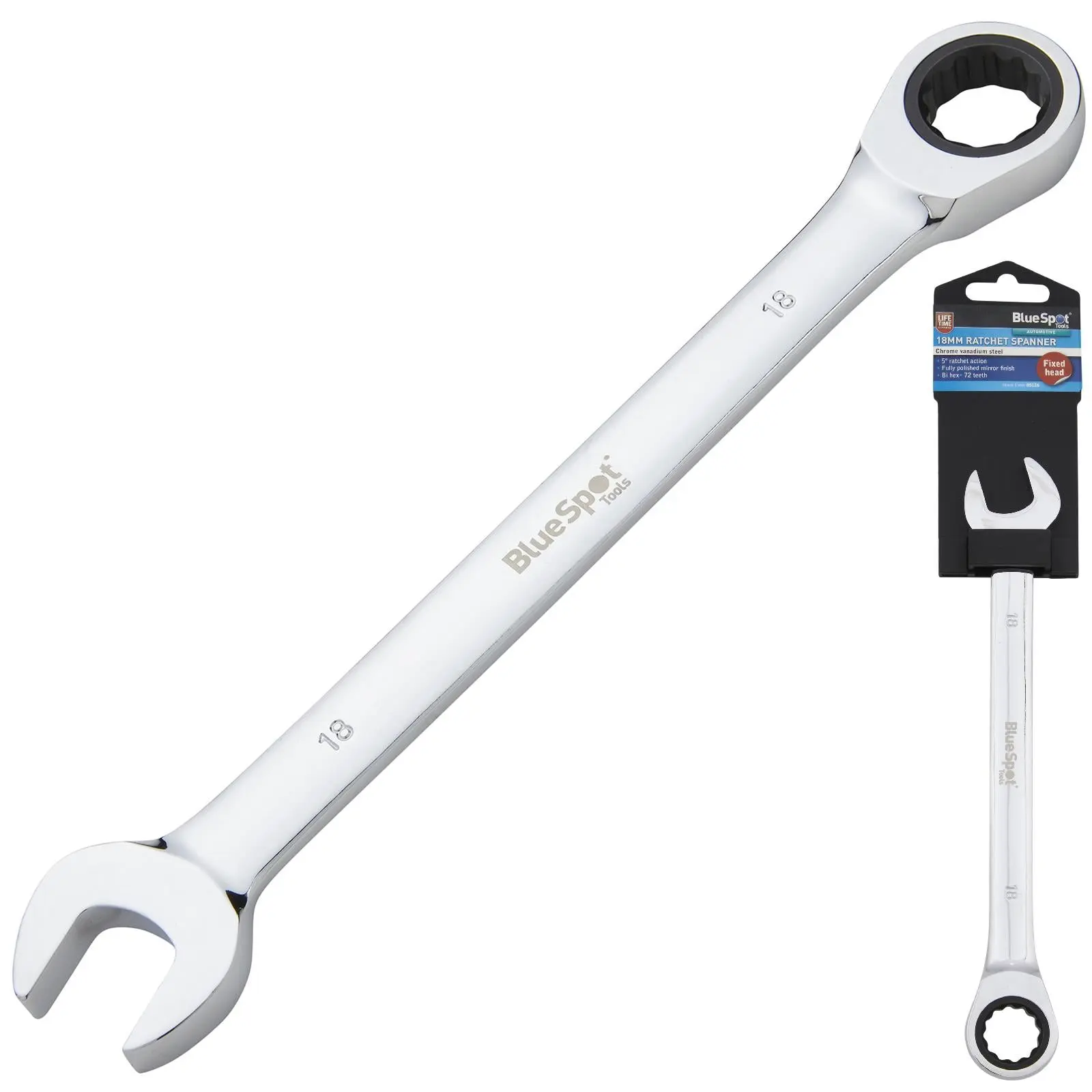 BlueSpot Ratchet Combination Spanner Fixed Head Chrome Vanadium 18mm