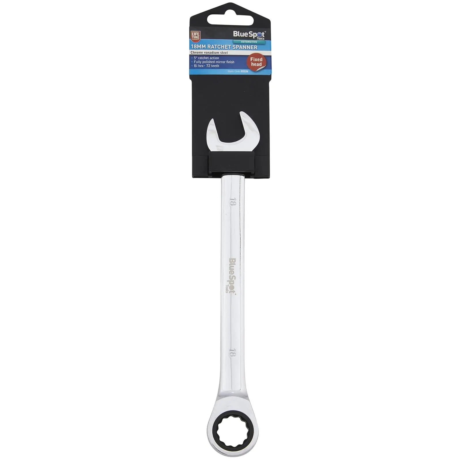 BlueSpot Ratchet Combination Spanner Fixed Head Chrome Vanadium 18mm - Image 2