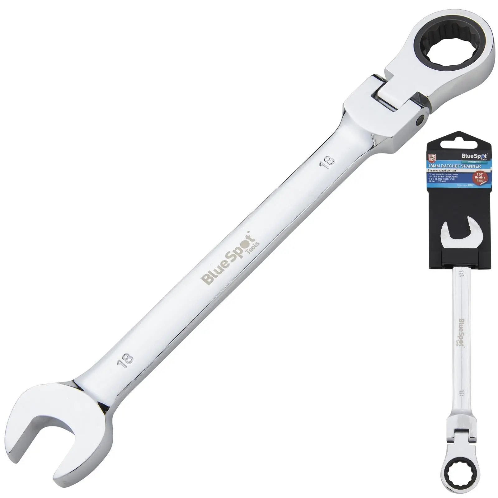BlueSpot Ratchet Combination Spanner Flexible Head Chrome Vanadium 18mm