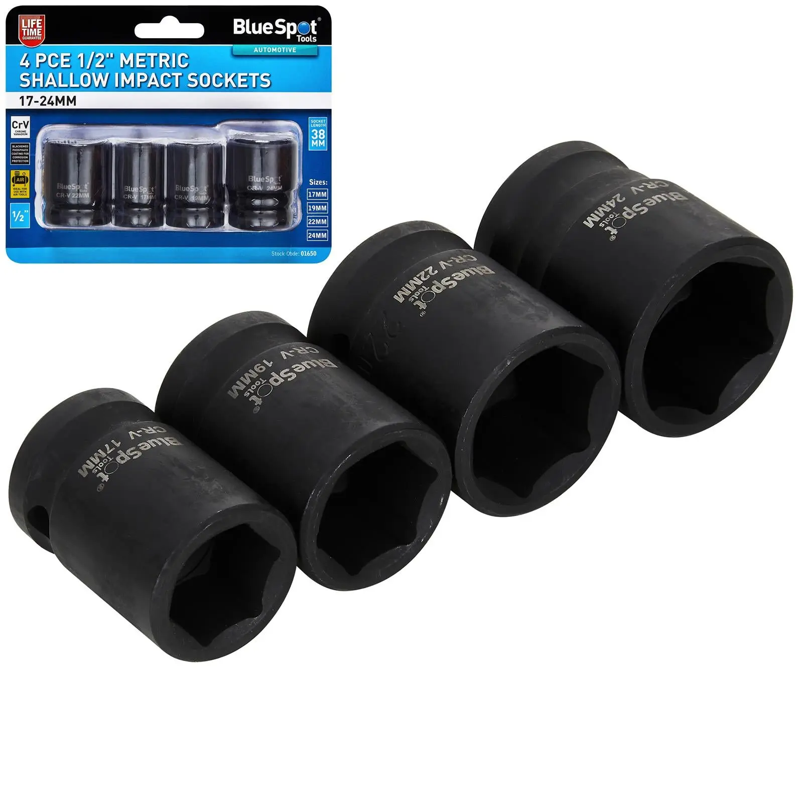 BlueSpot Shallow Impact Socket Set 1/2" Drive Metric 17-24mm 4 Piece