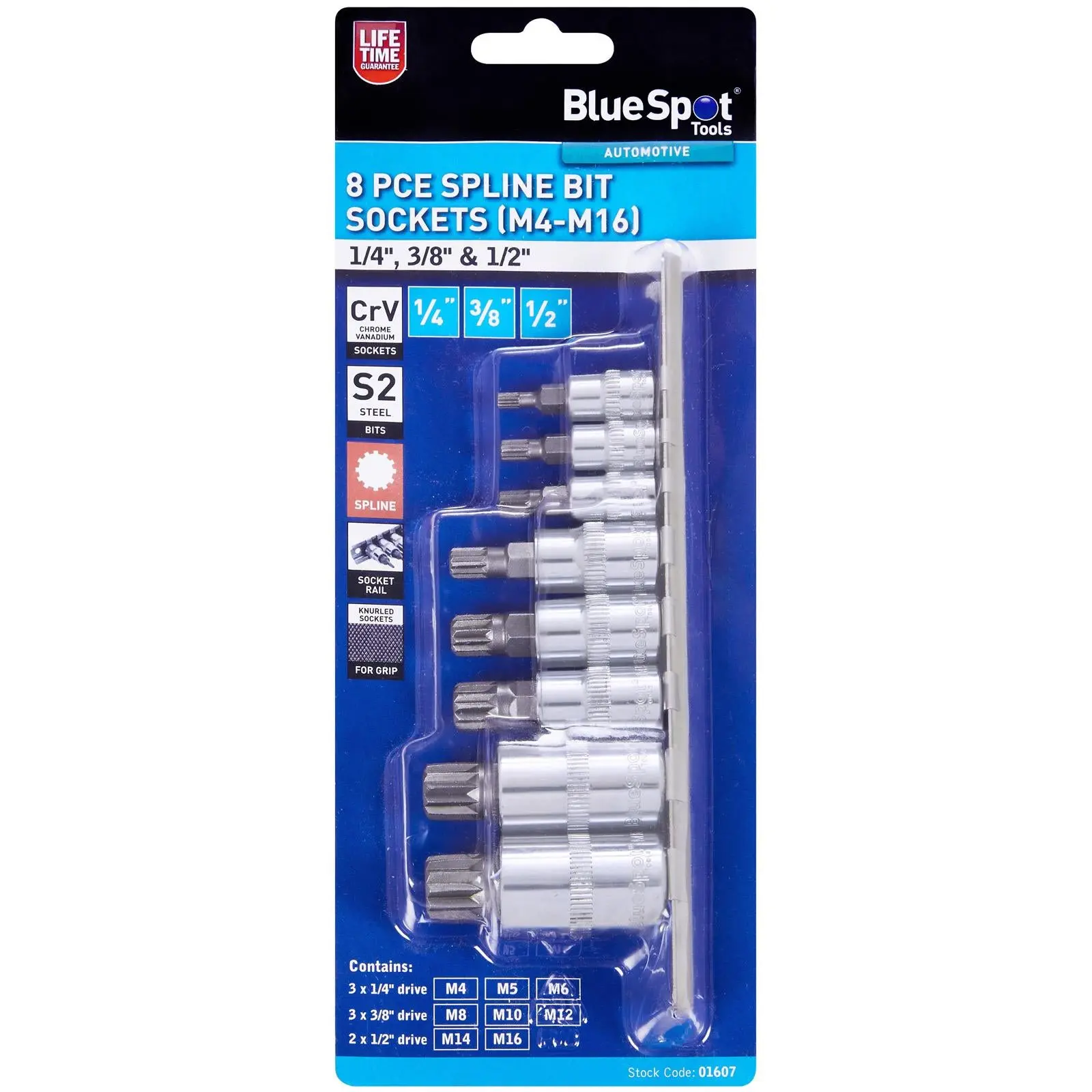 BlueSpot Spline Bit Socket Set on Socket Rail 1/4" 3/8" 1/2" Drive M4-M16 8 Piece - Image 2
