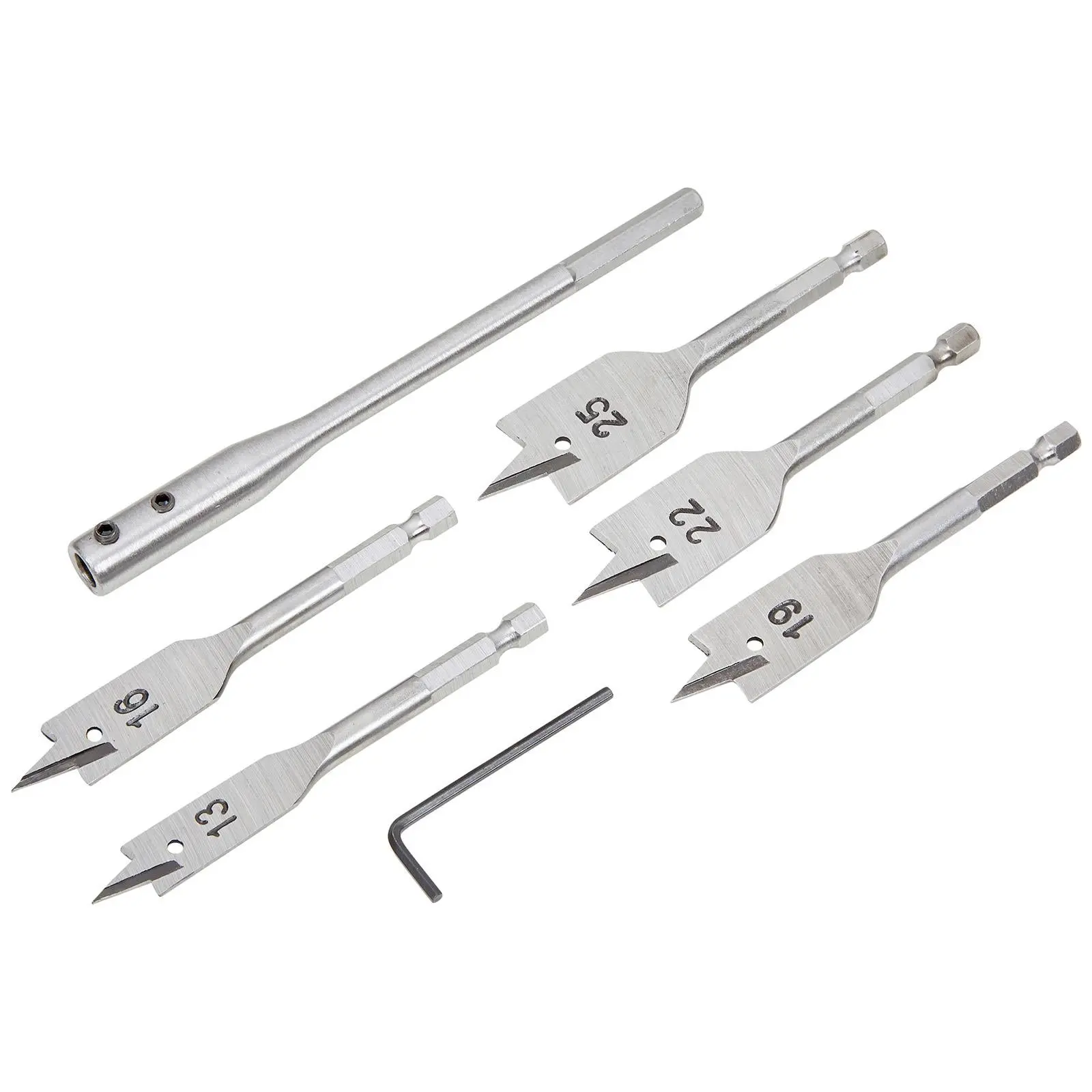 BlueSpot Stubby Flat Wood Drill Bit Set 7 Pieces 13-25mm Hex Shank 100mm Long - Image 2