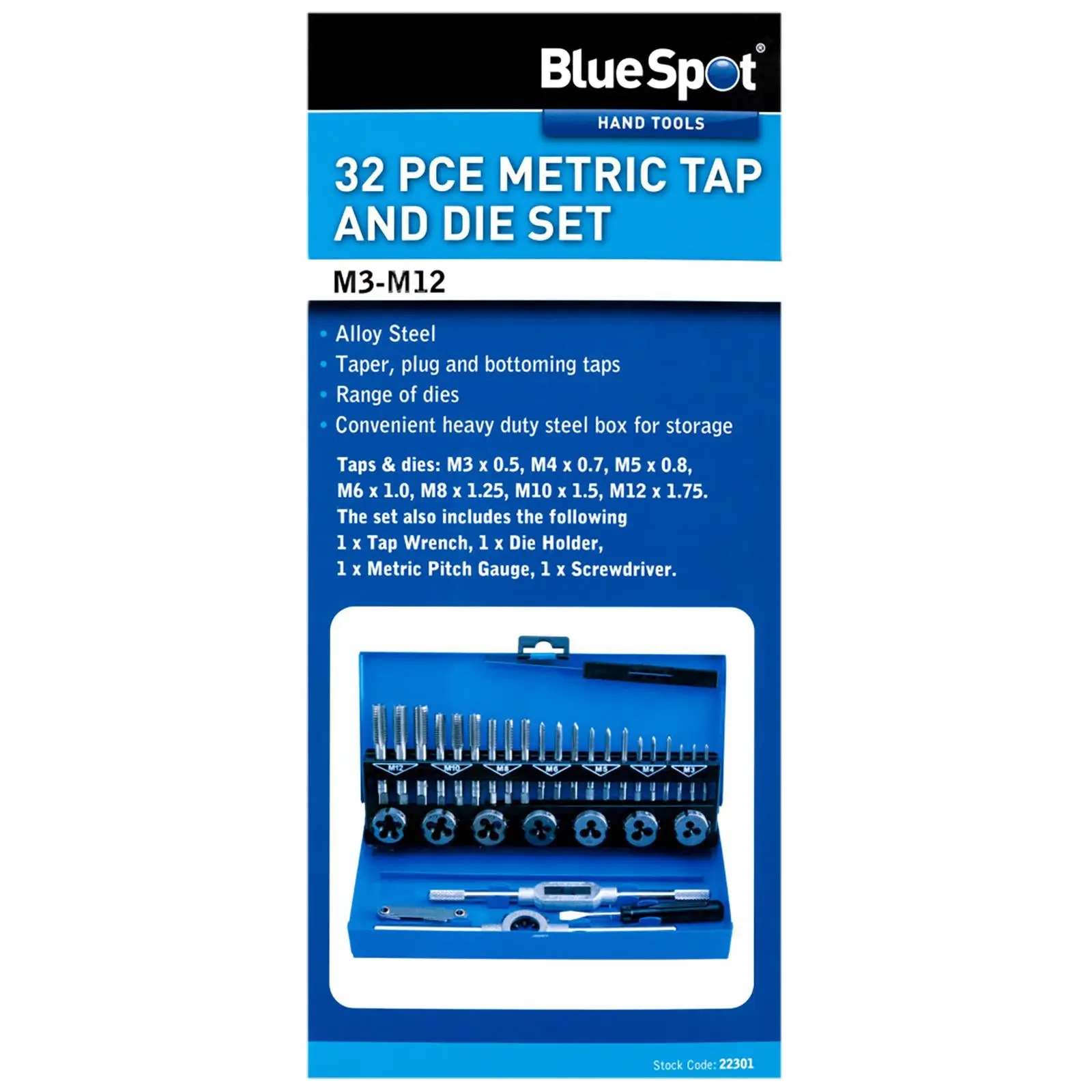 BlueSpot Tap and Die Set Metric 32 Piece M3-M12 Steel Storage Box - Image 3