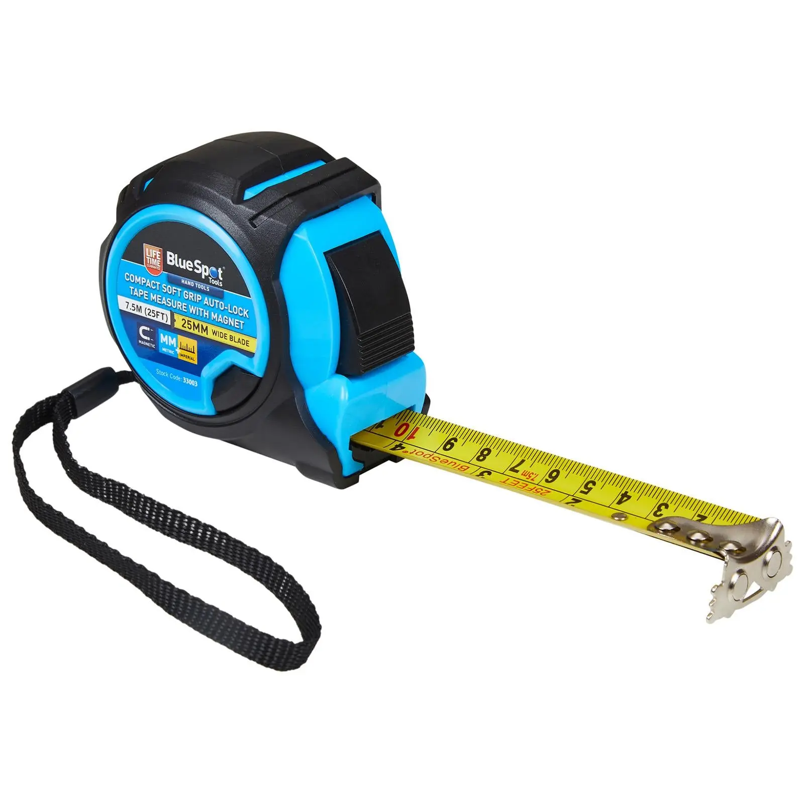 BlueSpot Tape Measure 7.5m 25ft Compact Soft Grip Self Locking with Magnet