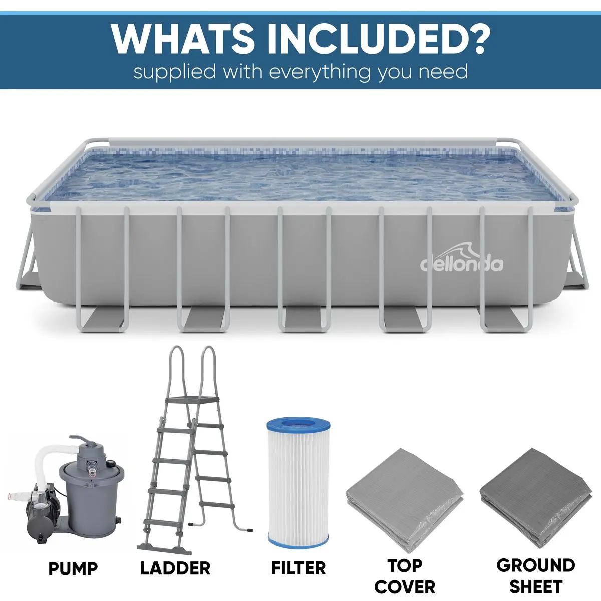 Dellonda 21ft Deluxe Steel Frame Swimming Pool, Rectangular with Step Ladder, Pool and Ground Covers and Filter Sand Pump - Image 5