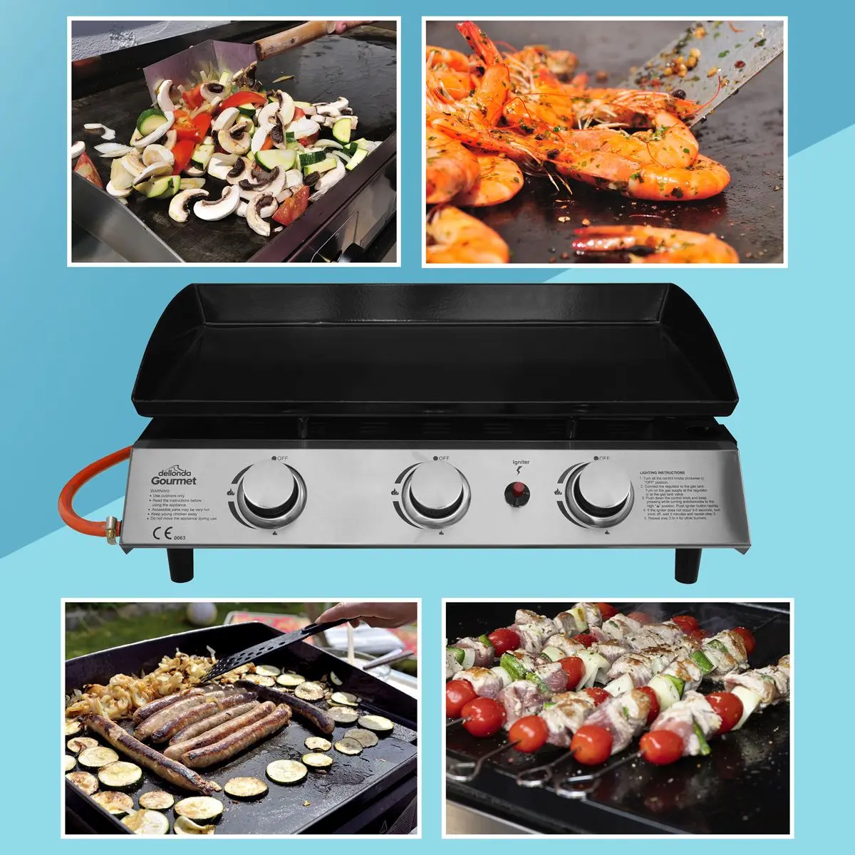Dellonda 3 Burner Portable Gas Plancha 7.5kW BBQ Griddle, Stainless Steel - Image 4