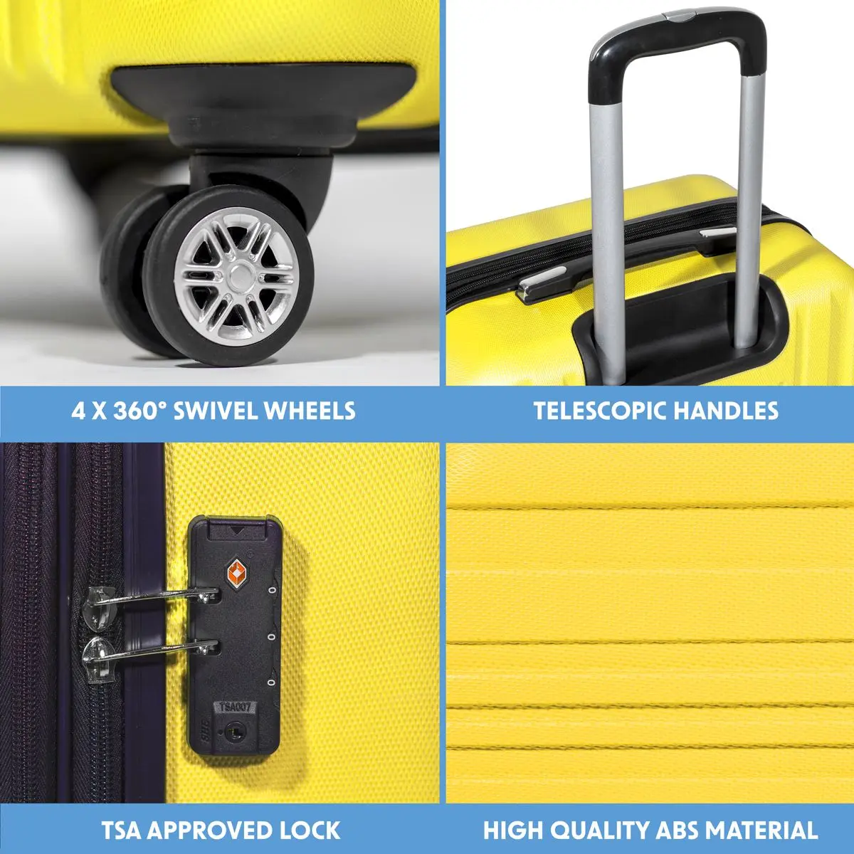Dellonda 3-Piece ABS Luggage Set with Integrated TSA Approved Combination Lock - Yellow - DL124 - Image 2